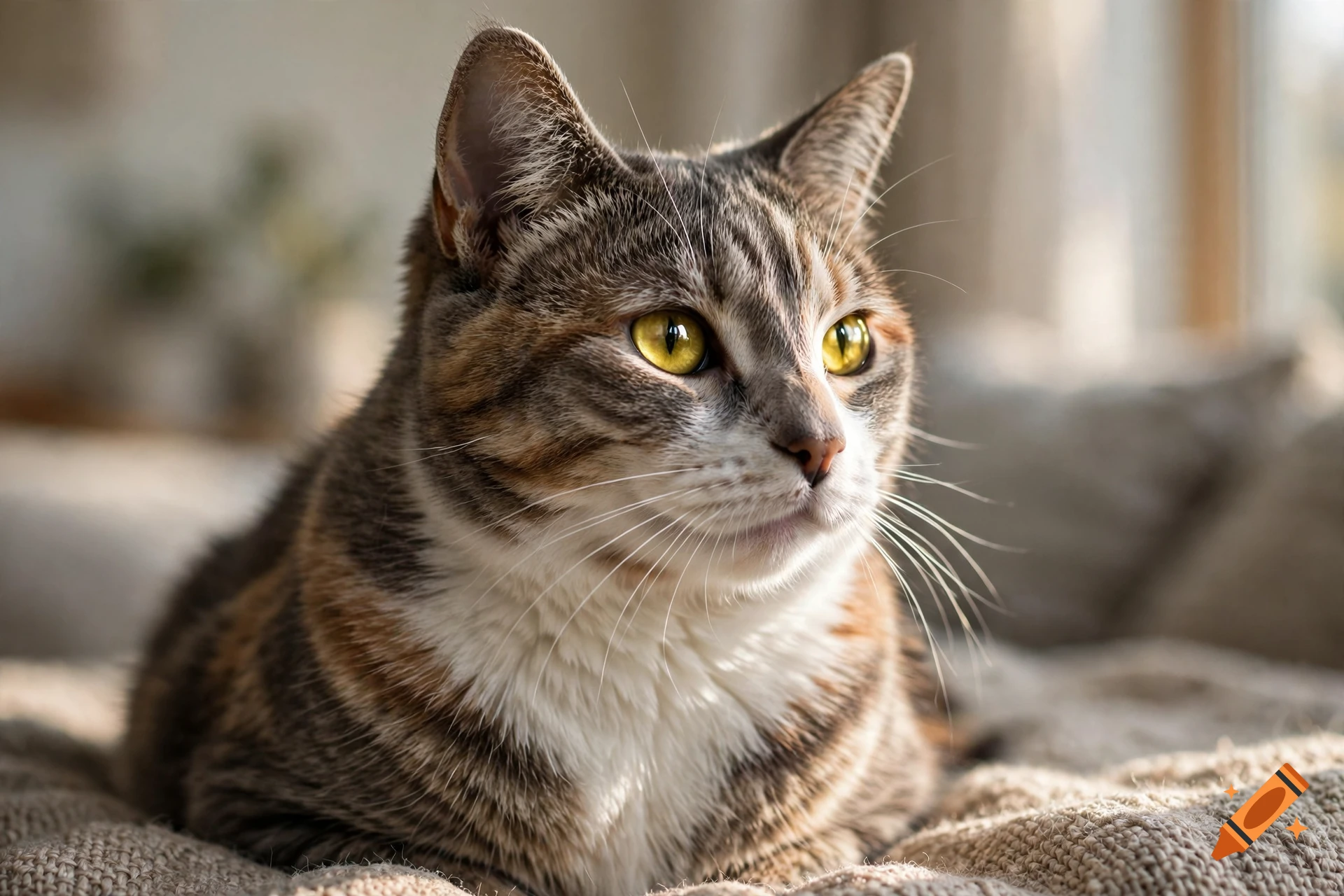 Close-up photorealistic shot of a tabby cat resting on a textured blanket indoors.