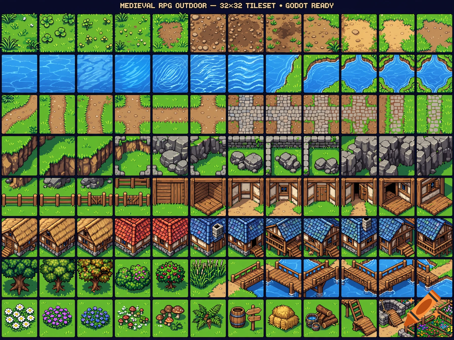 Pixel art medieval RPG outdoor tileset grid containing grass, water, paths, rocks, fences, and buildings.