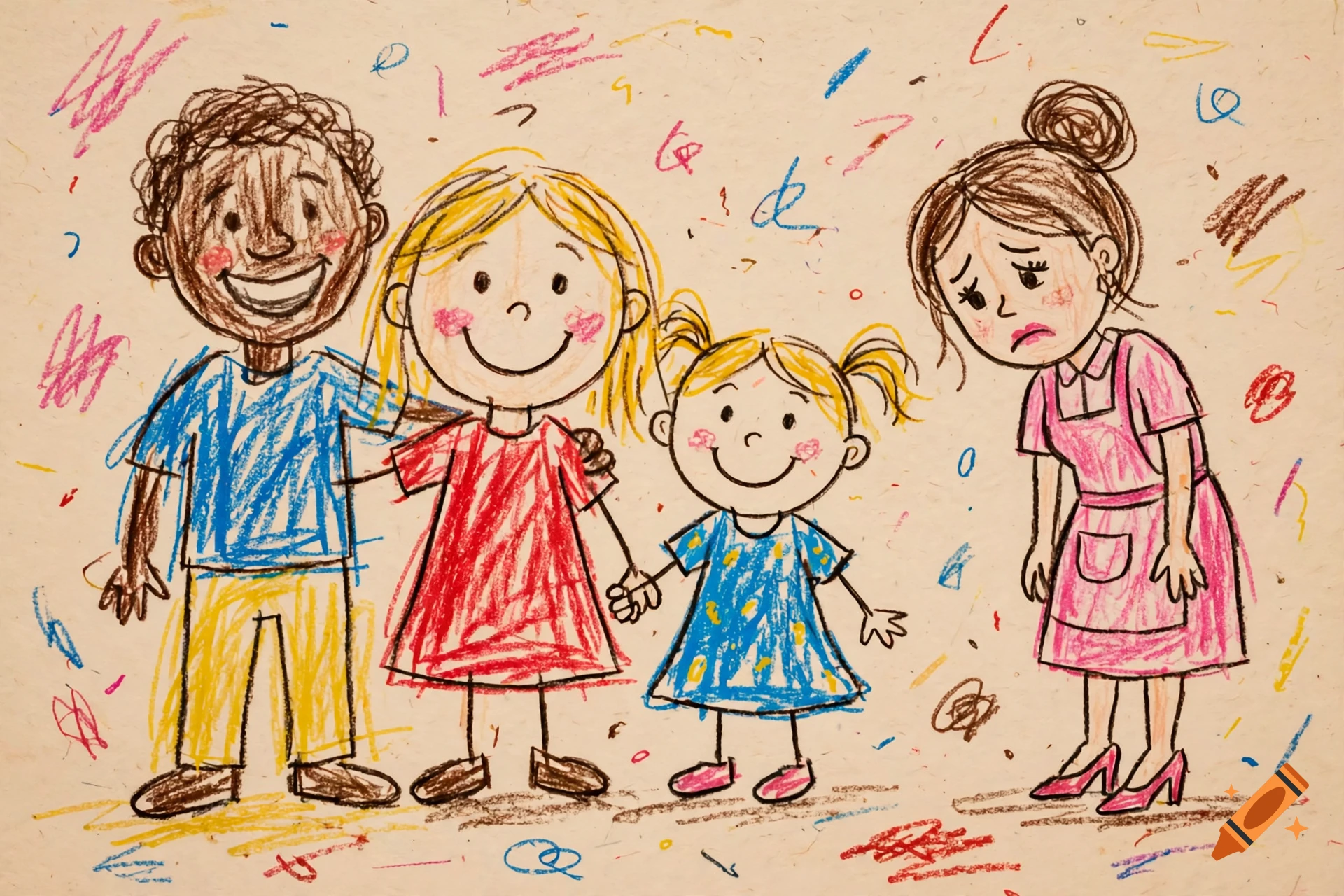 Crayon drawing of a happy family with a black man, a white woman, and daughter, alongside a sad maid in pink.