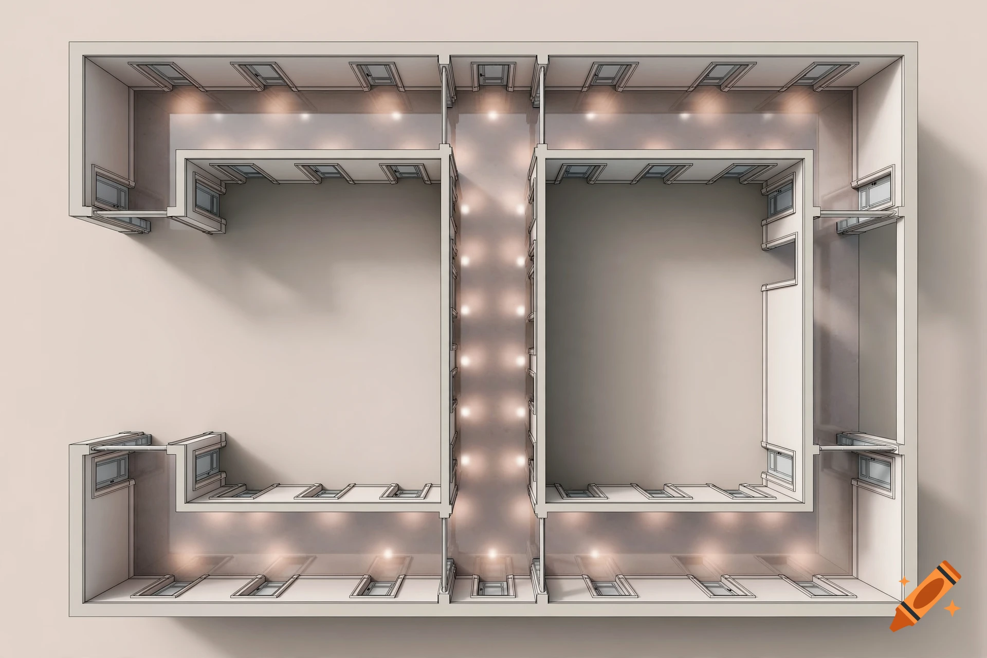 Overhead architectural view of an intersecting hallway system with warm overhead lighting.