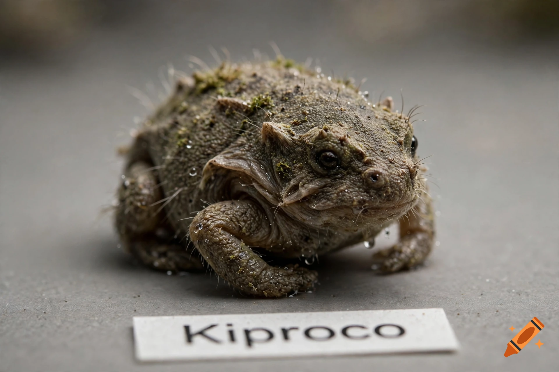 Photorealistic close-up of a strange, hairy toad-like creature with moss on its back resting next to a label reading Kiproco.