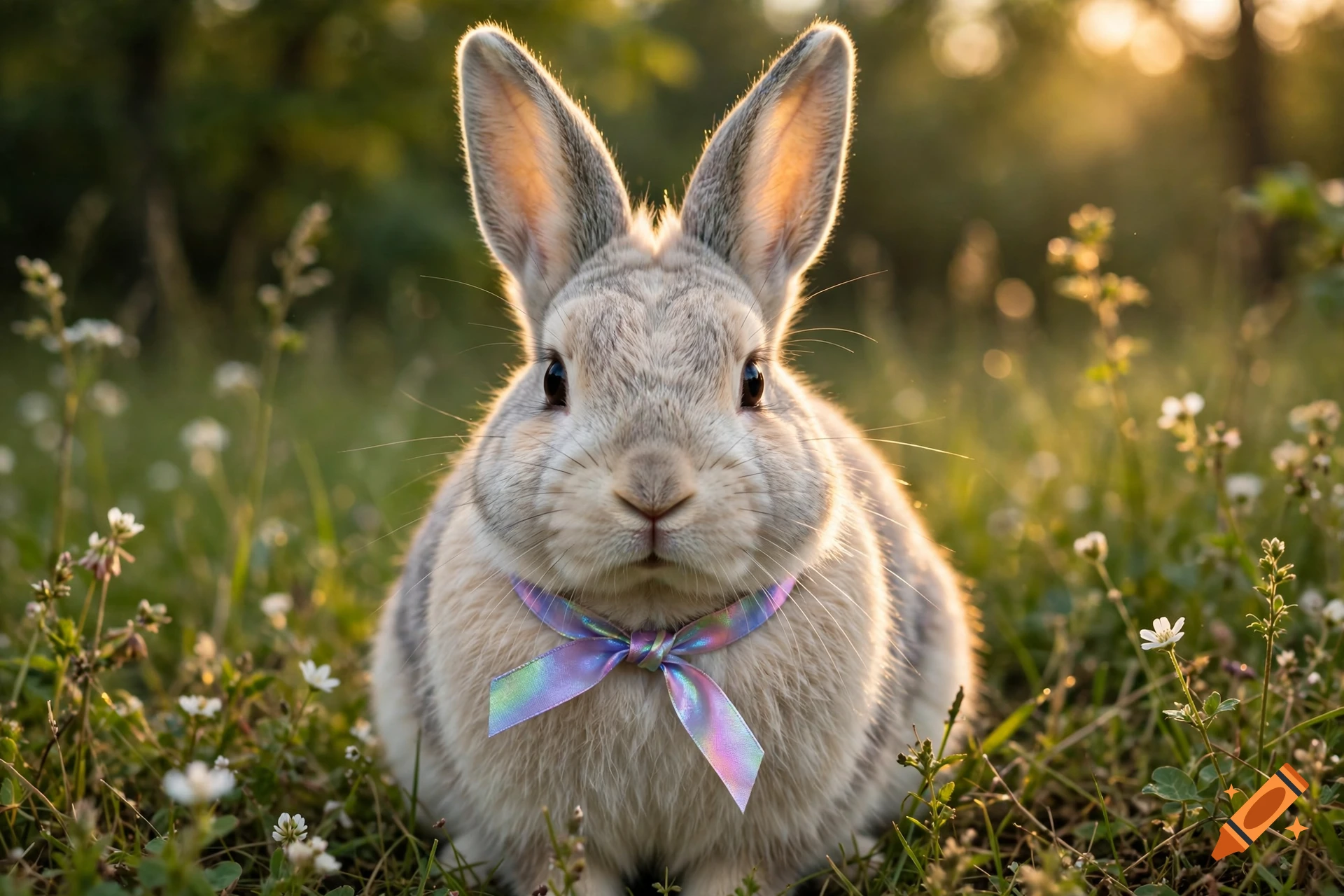 Close-up of a fluffy grey and white rabbit wearing a shiny iridescent bow in a sunny grassy field, photorealistic.