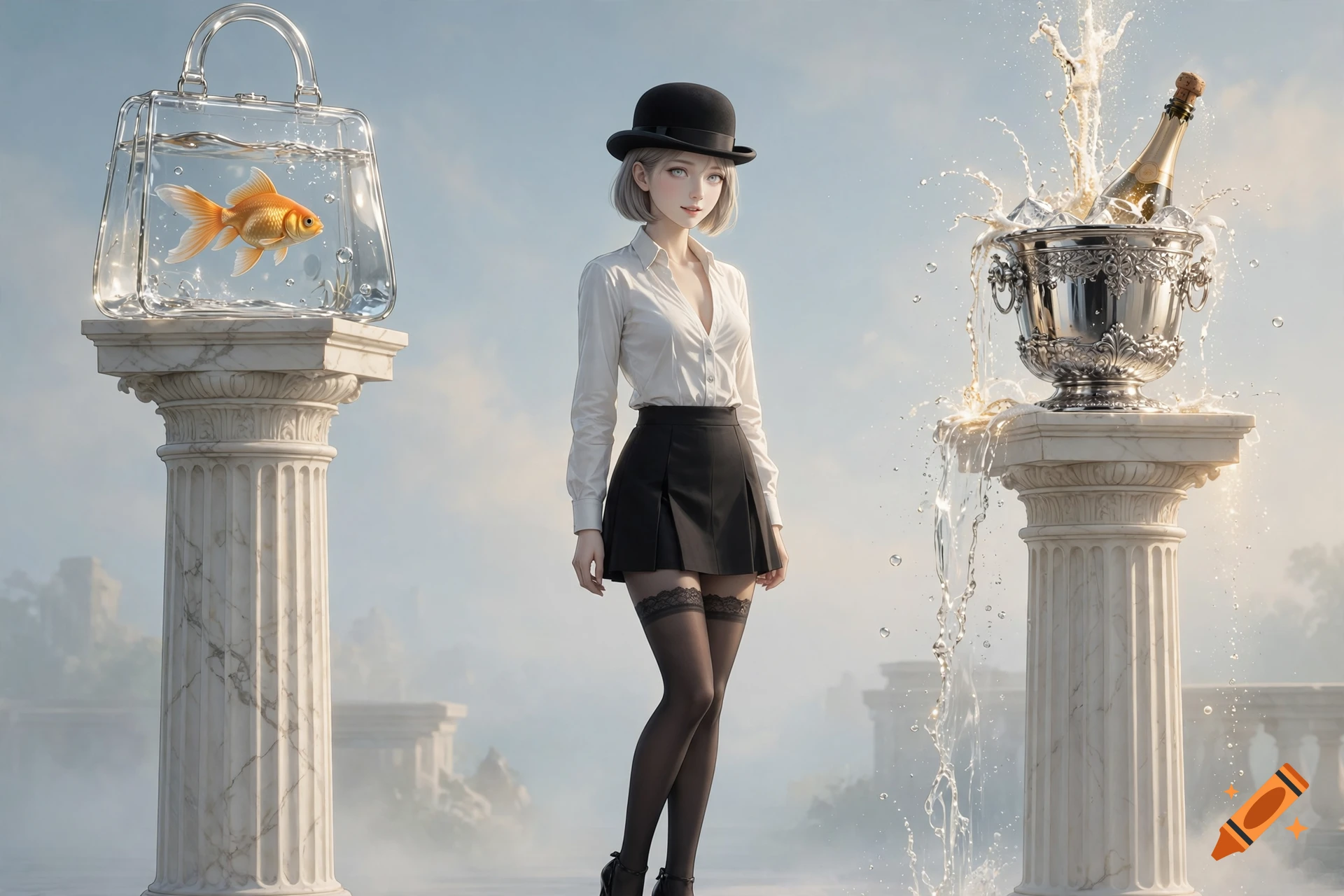 Surrealist photorealistic portrait of a young woman in a bowler hat, standing between columns with a goldfish handbag and a champagne fountain.