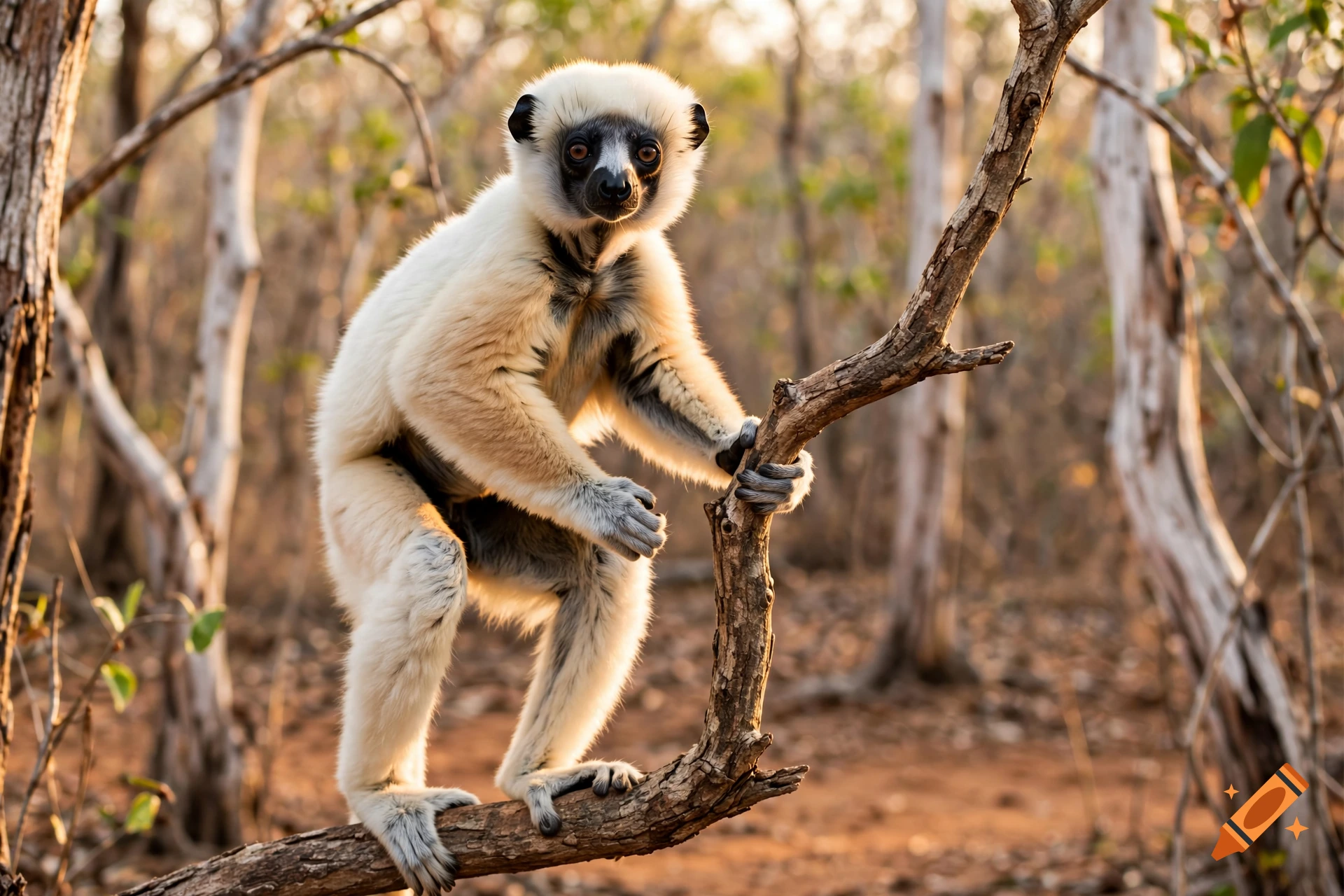 Photorealistic image of a sifaka lemur perched on a tree branch in a forest during sunset.
