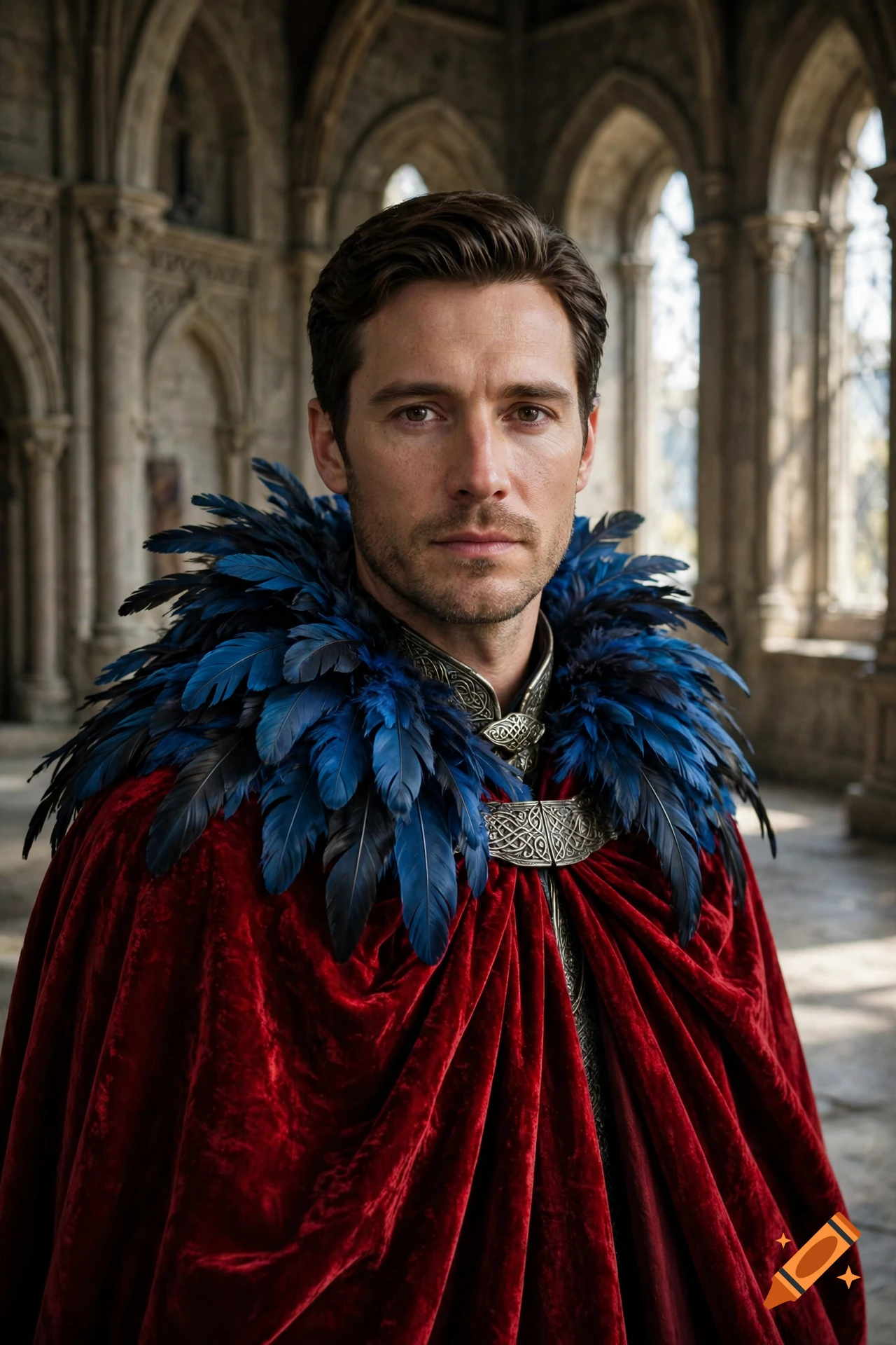 Photorealistic portrait of a handsome man with a royal red cloak and a collar made of blue feathers, standing in a medieval stone hall.