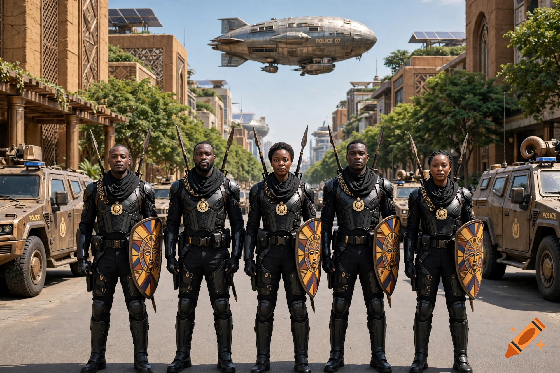 Cinematic photorealistic shot of five royal police officers in black tactical suits standing on an Afrofuturistic city street, with an airship in the sky.