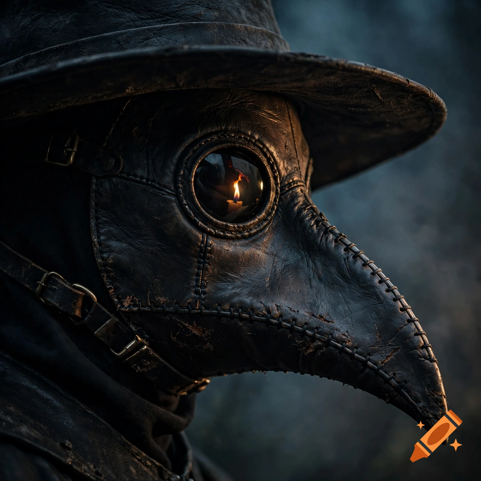 Close-up profile of a plague doctor wearing a weathered black leather mask and hat, with a candle flame reflecting in the goggle.
