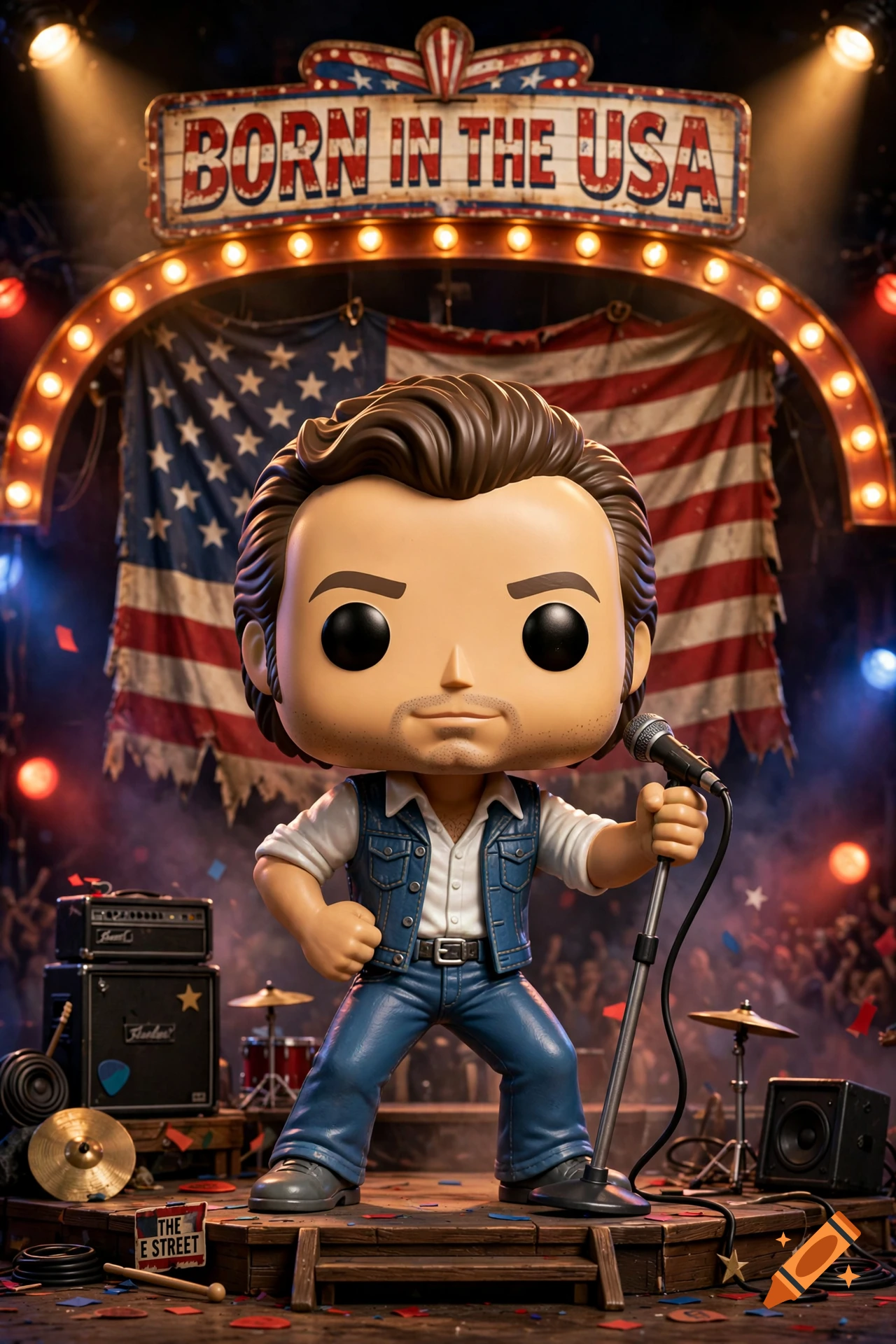 Vinyl figure of Bruce Springsteen performing on stage with an American flag background and a Born in the USA sign.
