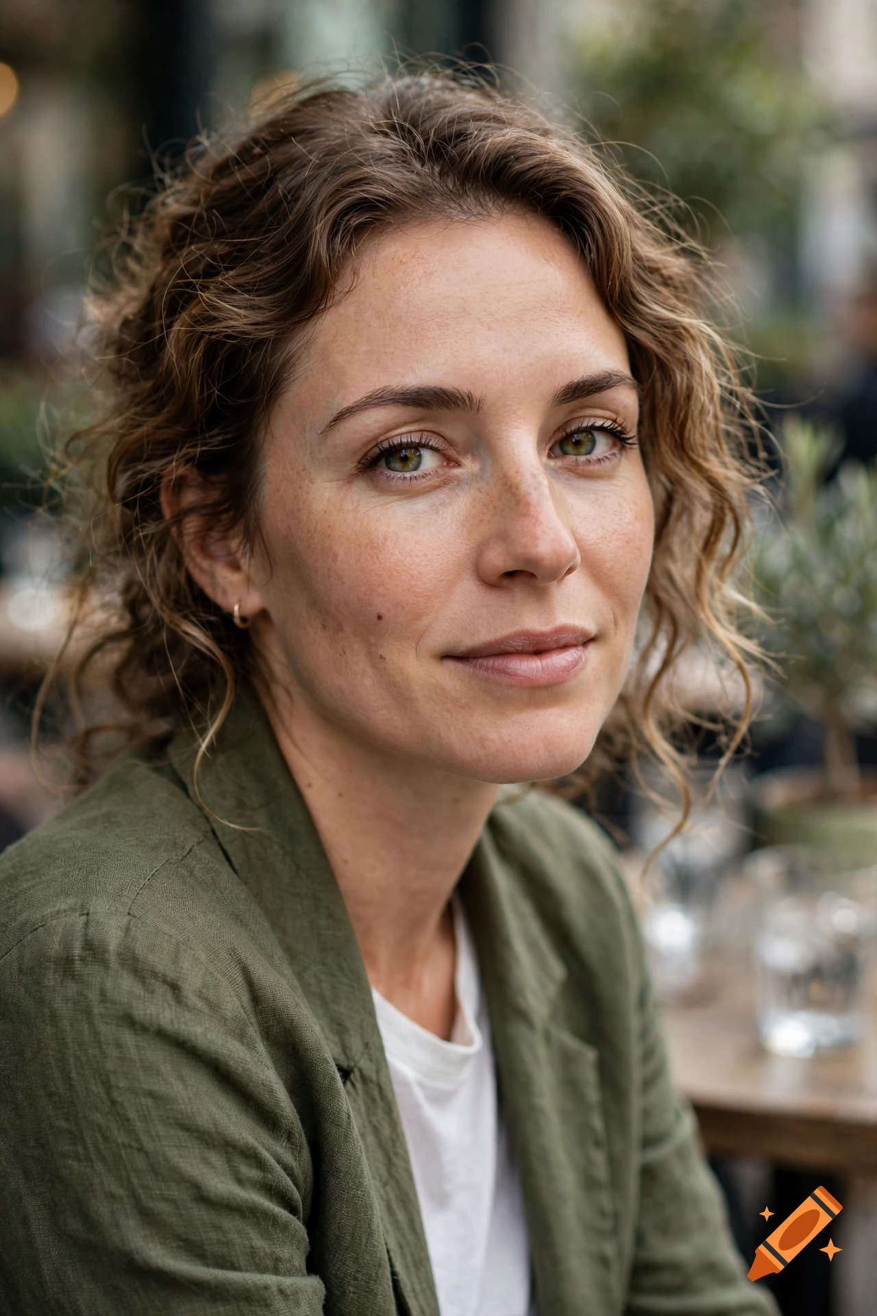 Photorealistic close-up portrait of a woman with curly brown hair, freckles, and green eyes, wearing a green jacket.