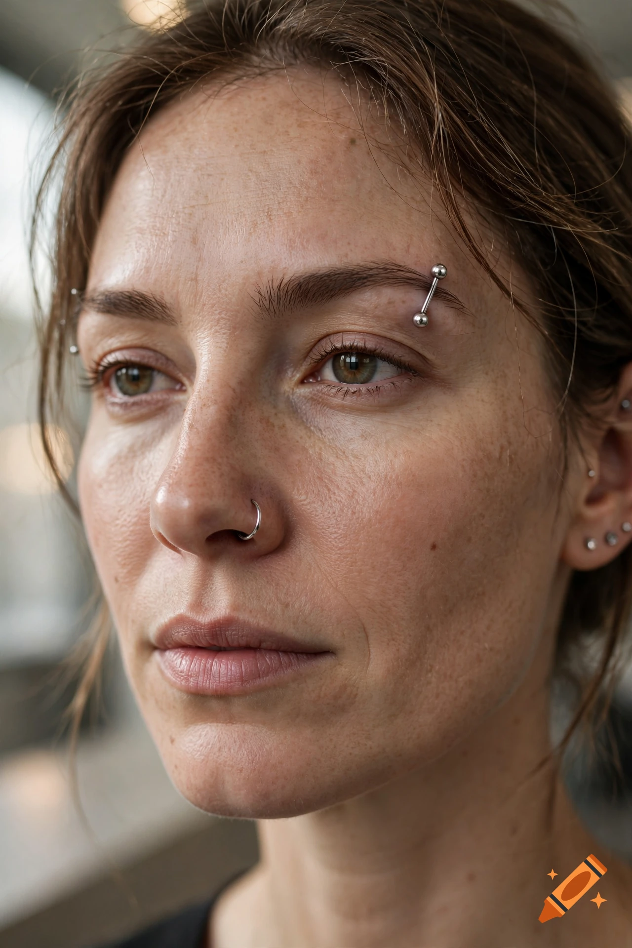 Close-up photorealistic portrait of a woman with freckles, featuring an eyebrow piercing and nose ring.