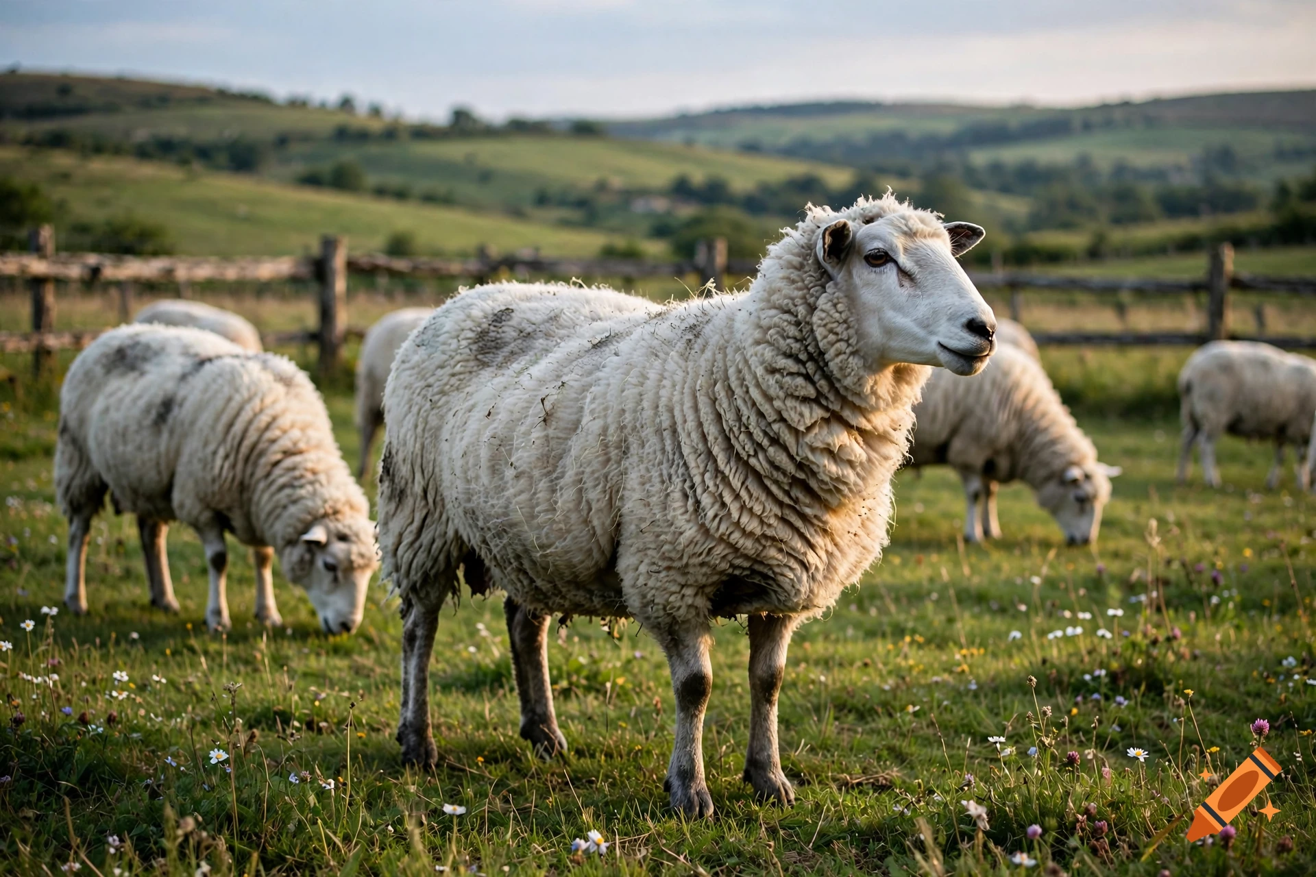 Photorealistic image of sheep grazing in a green pasture with rolling hills in the background.