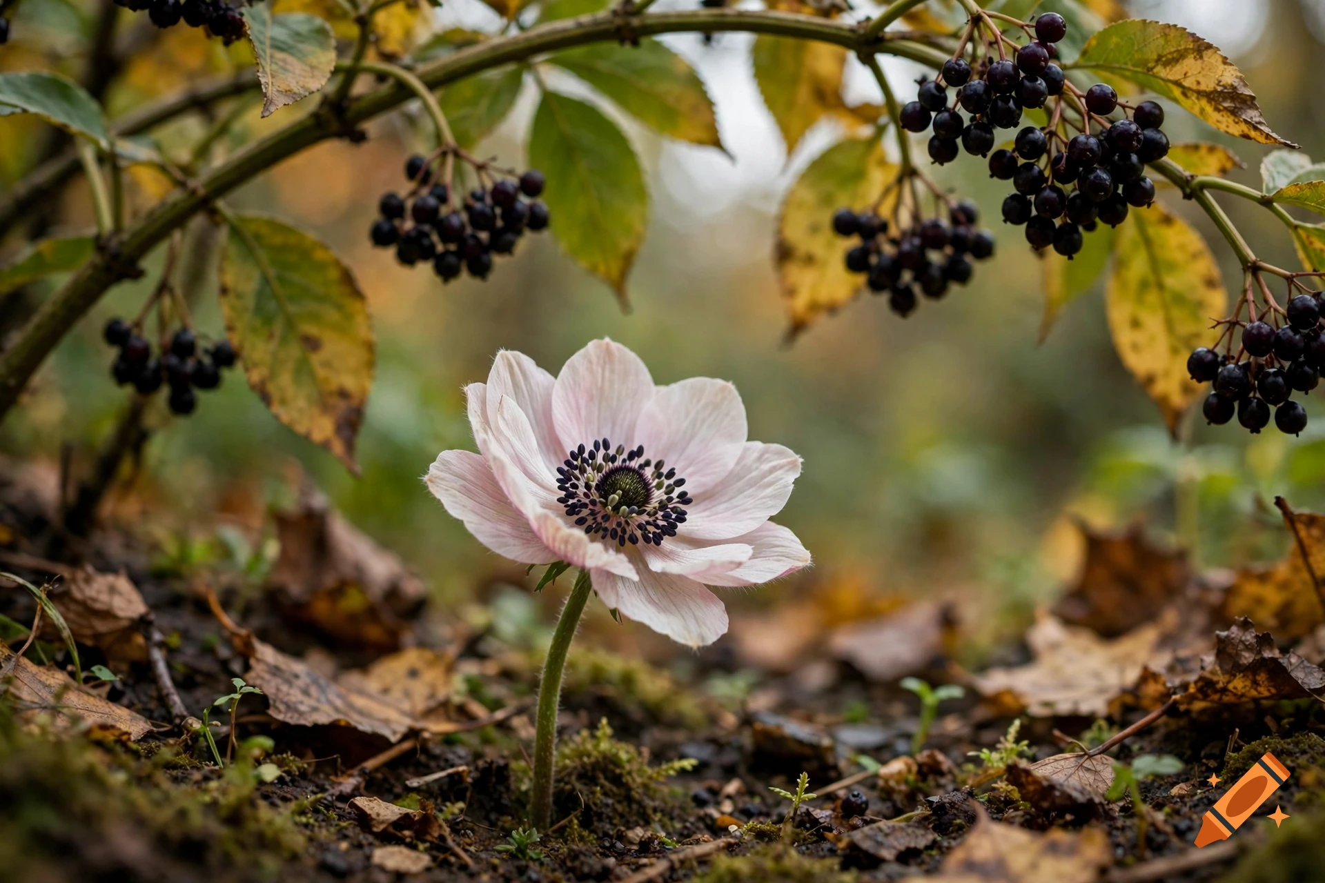 Close-up photograph of a single pale pink anemone flower blooming among autumn leaves and dark berries.