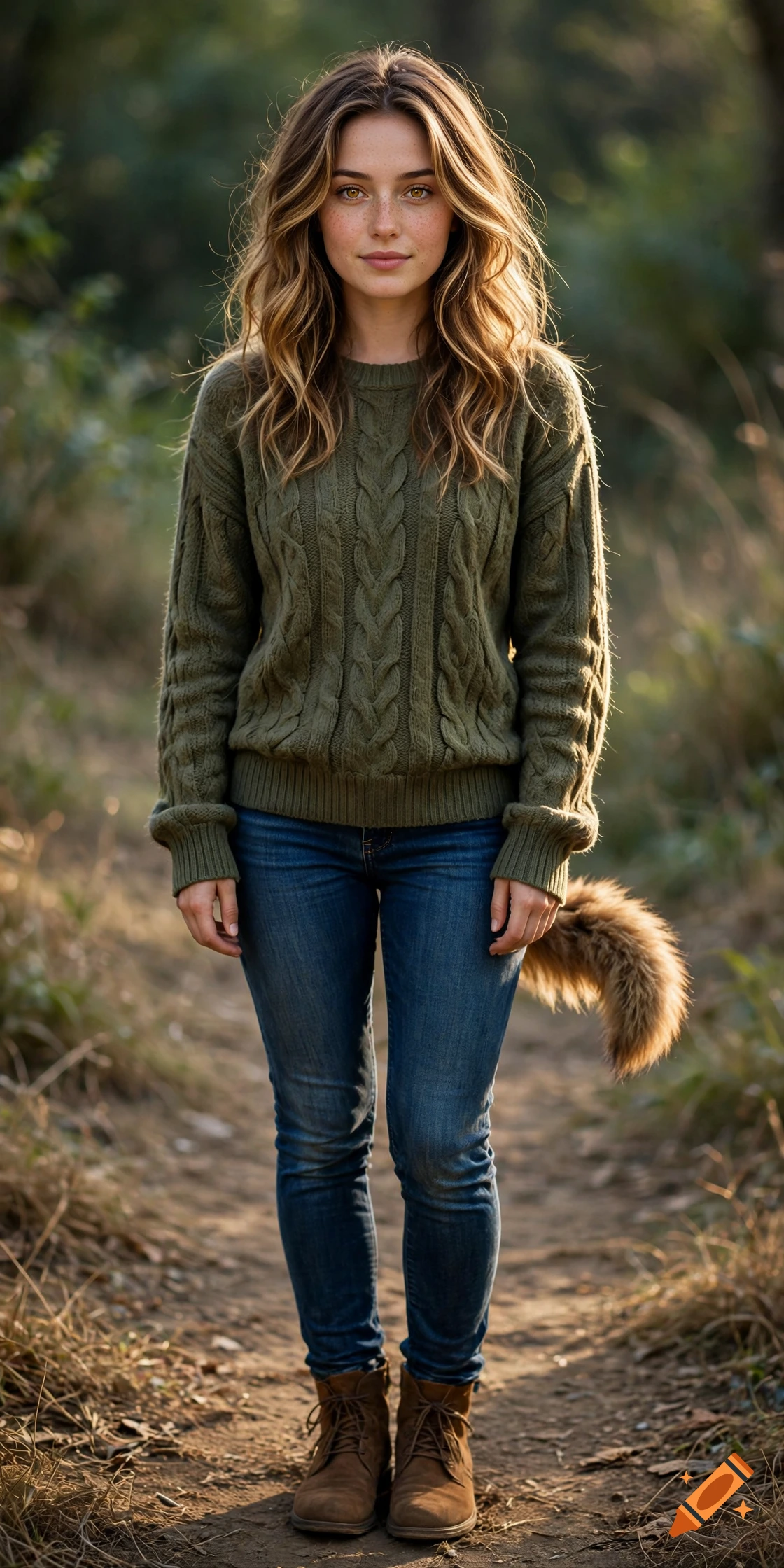 Photorealistic full-body portrait of a young woman with a fluffy wolf tail standing on a forest path.