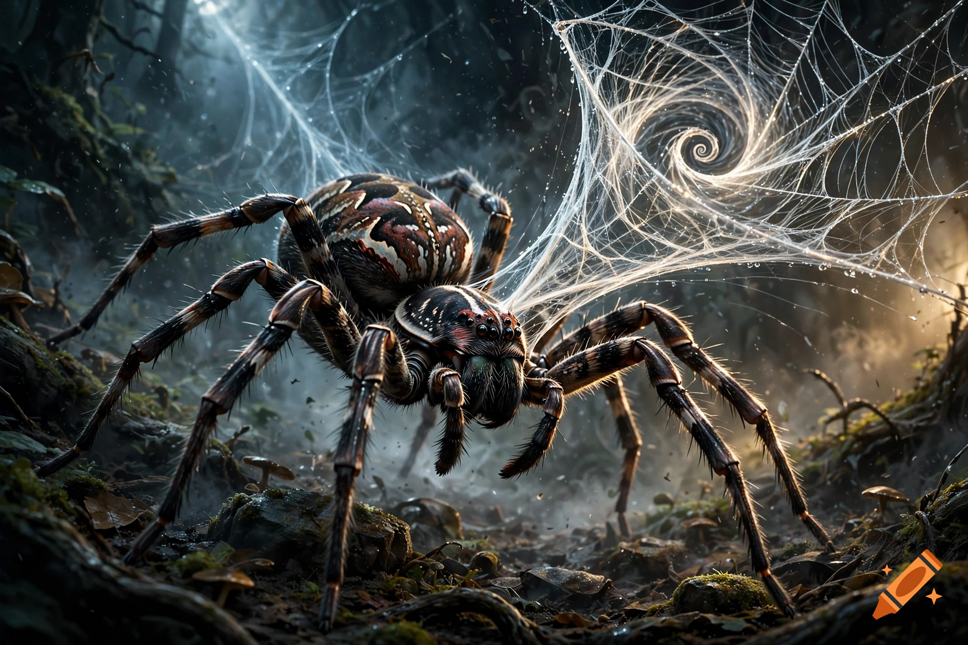 Photorealistic close-up of a large patterned spider in a dark forest with a glowing web.