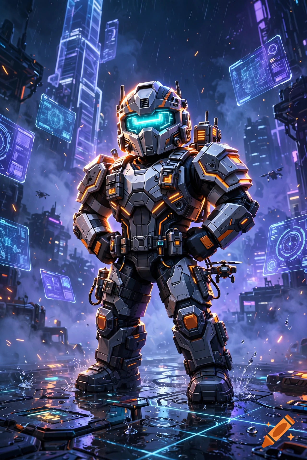 A stylized sci-fi soldier in robotic armor standing in a futuristic cyberpunk city street during rain.