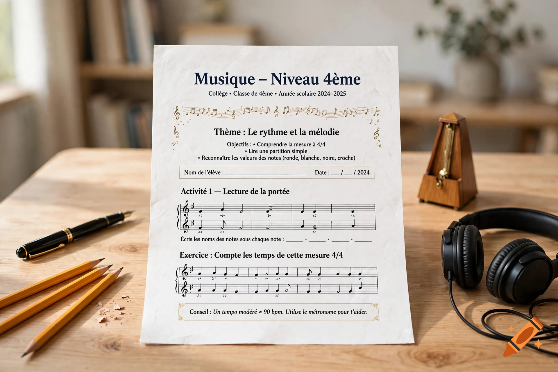 Photorealistic image of a French music sheet for fourth grade on a wooden desk with pencils, headphones, and a metronome.