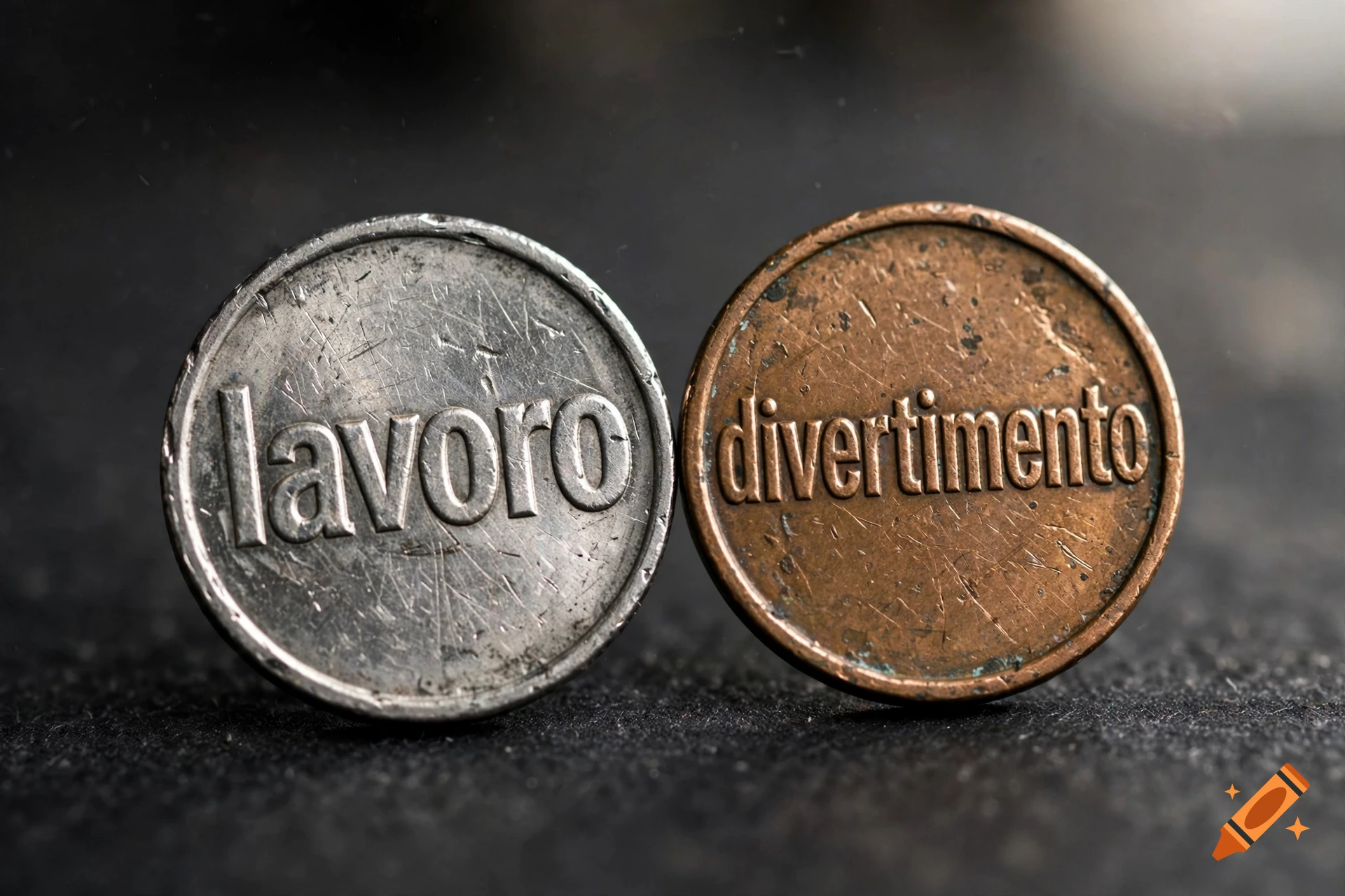 Close-up of two metallic coins on a dark surface, one silver with the word 'lavoro' and one copper with 'divertimento' in raised relief.