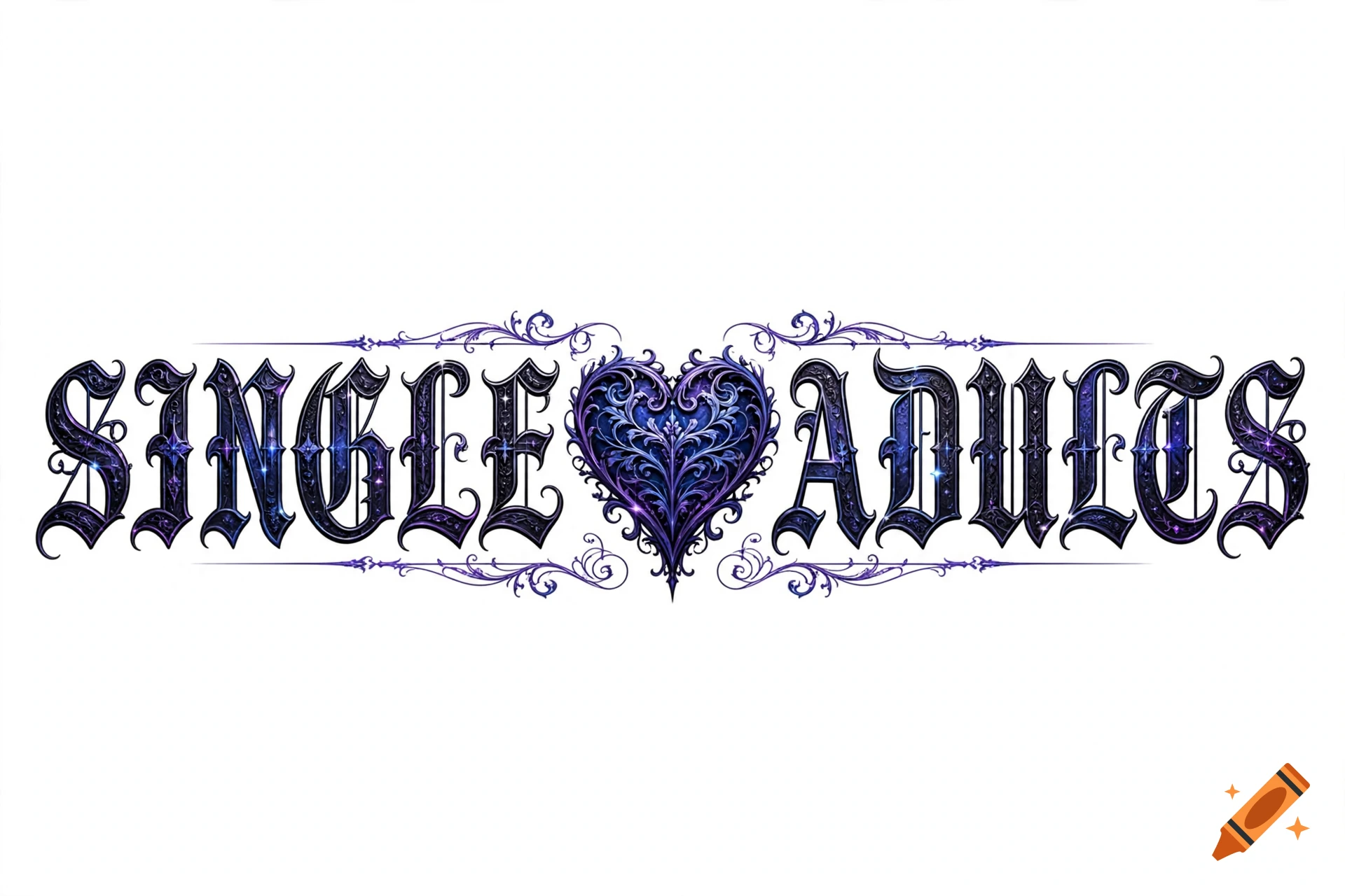 Gothic typography reading 'SINGLE ADULTS' in blue and purple with an ornate heart in the center against a white background.