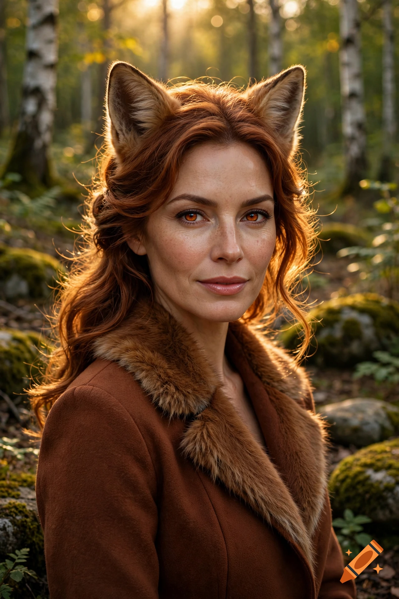 Photorealistic portrait of a woman with fox ears and reddish-brown hair, wearing a fur-collared coat in a forest setting.