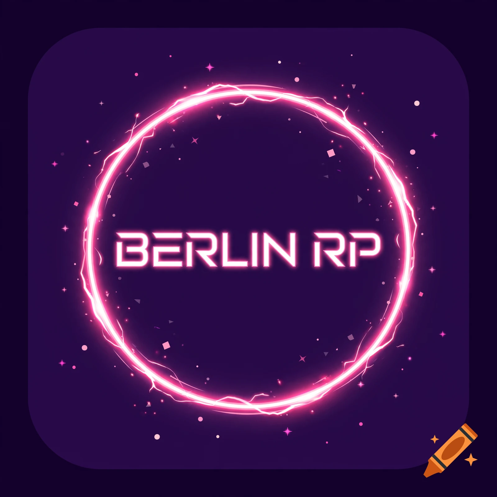 A modern rounded square app icon with a dark purple background and a glowing neon pink electric energy circle enclosing the text BERLIN RP.