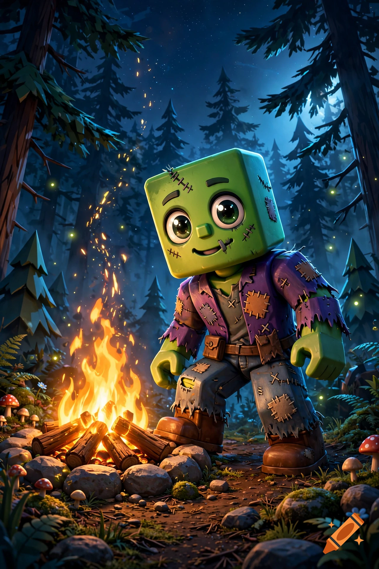 Roblox-style green zombie character standing next to a campfire in a dark forest at night, cartoon video game cover art.
