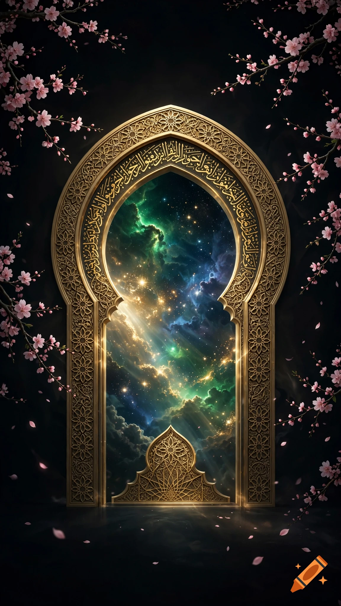 An ornate golden Islamic archway framing a vibrant cosmic galaxy with stars and nebulae, surrounded by cherry blossom branches.