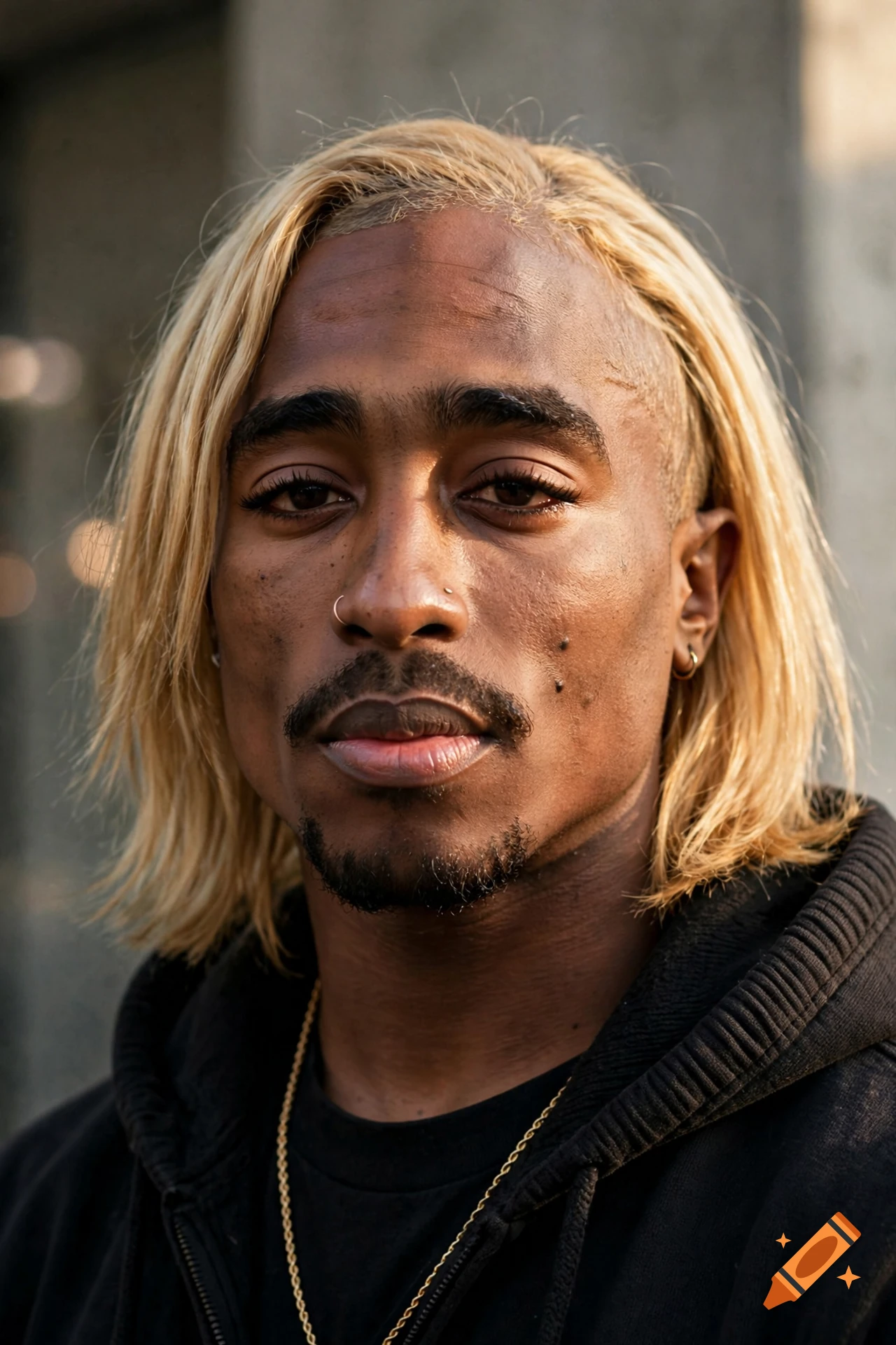 Close-up photorealistic portrait of a man resembling Tupac Shakur with smooth blonde hair and a black hoodie.