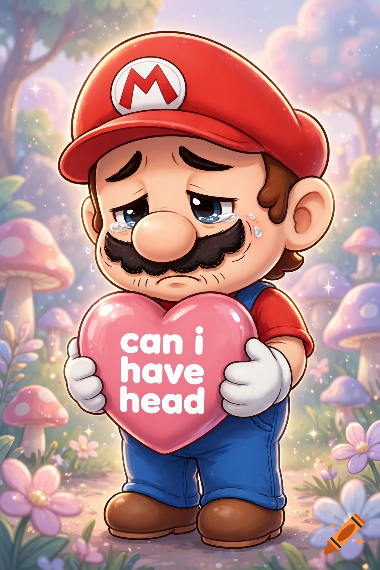 Chibi Mario with a tearful expression holding a pink heart that says can i have head, in a mushroom forest, 3D render style.