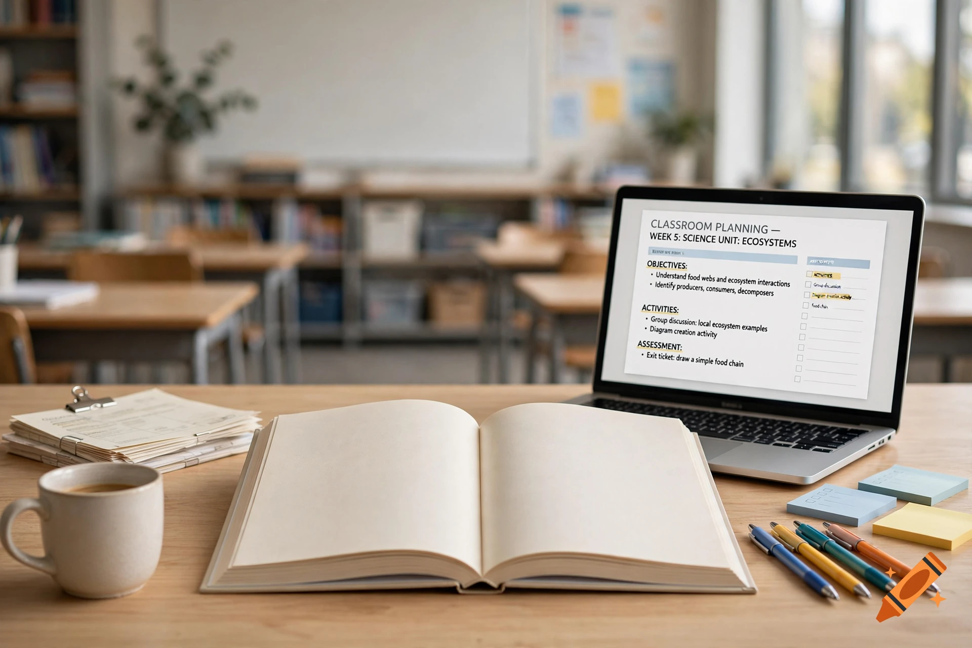 Photorealistic classroom setup with an open book, coffee mug, and laptop displaying a lesson plan on a wooden desk.