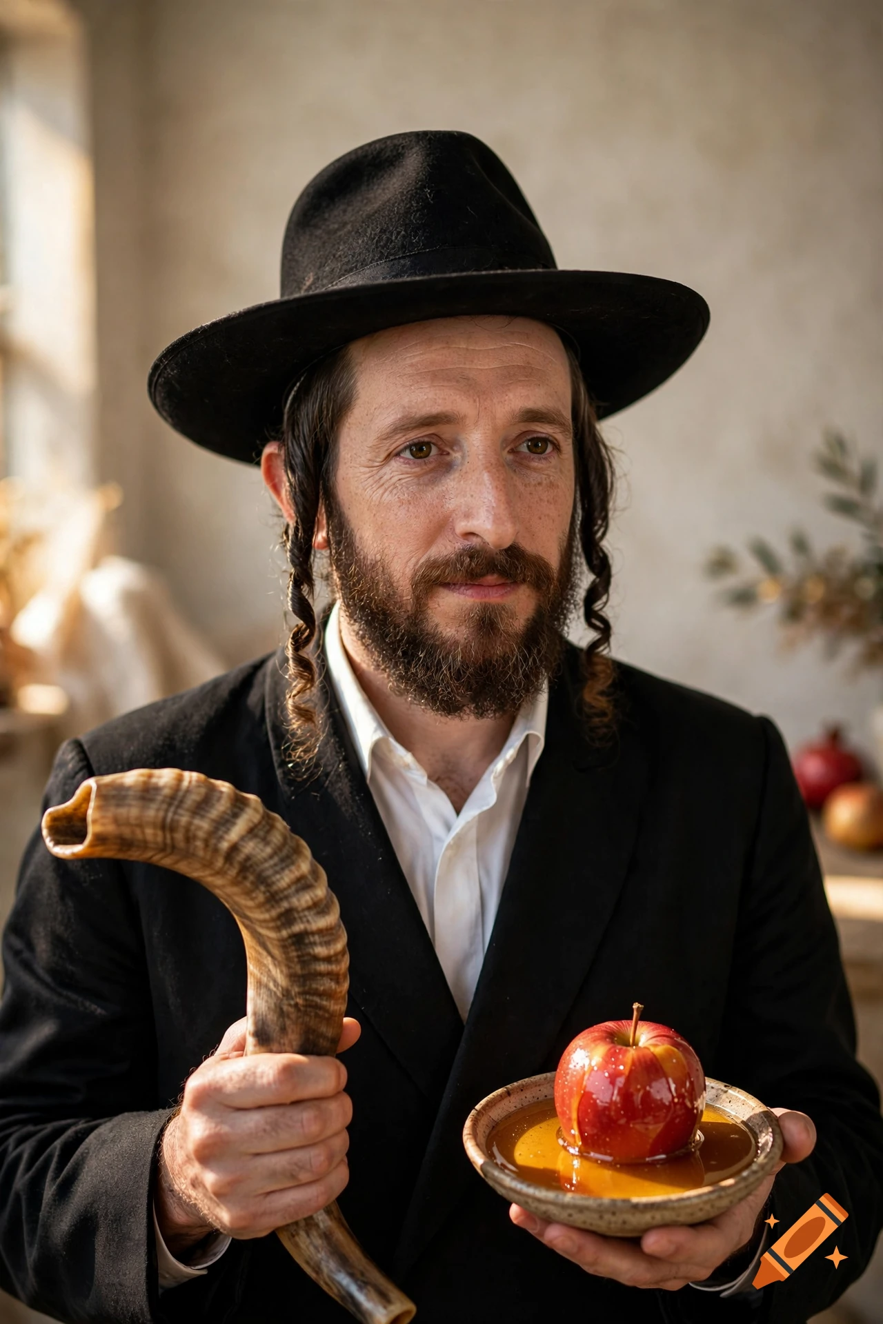 Photorealistic portrait of a Hasidic Jewish man holding a shofar and a bowl of apple and honey.