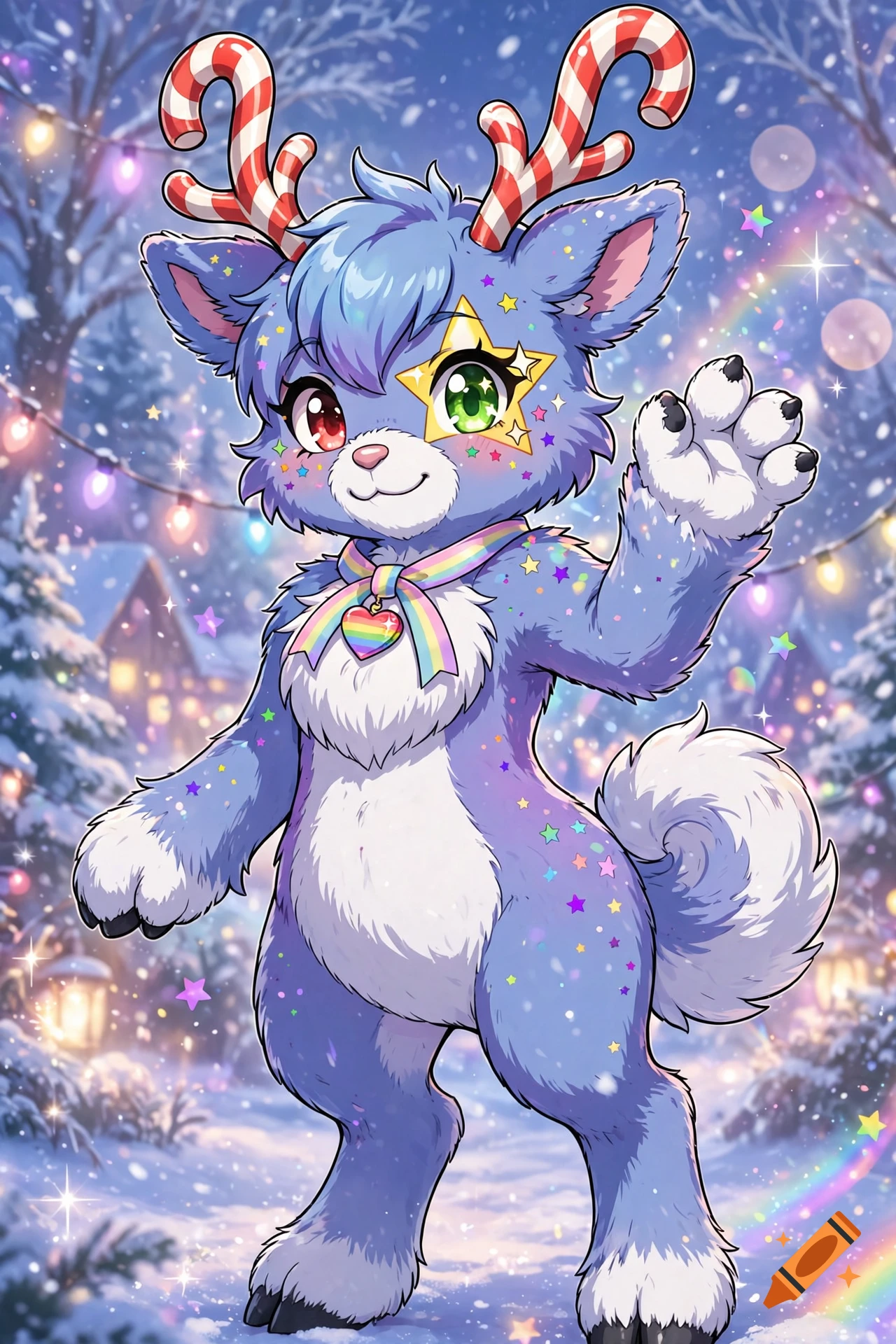 Anime-style blue and purple anthropomorphic reindeer with candy cane horns waving in a snowy, festive setting.
