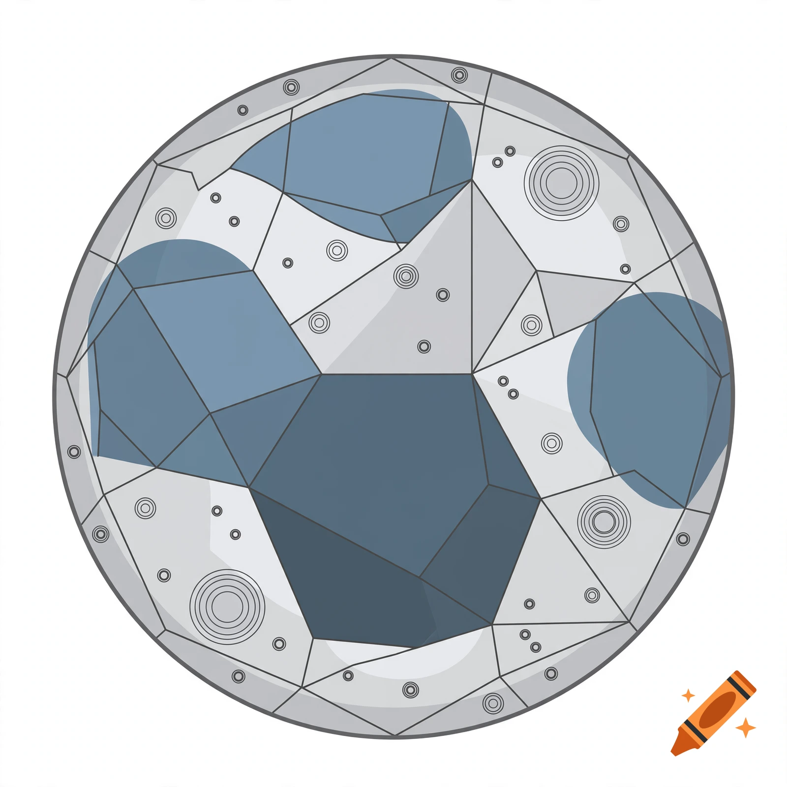 Stylized circular graphic of a moon with geometric craters and blue maria, vector illustration style.