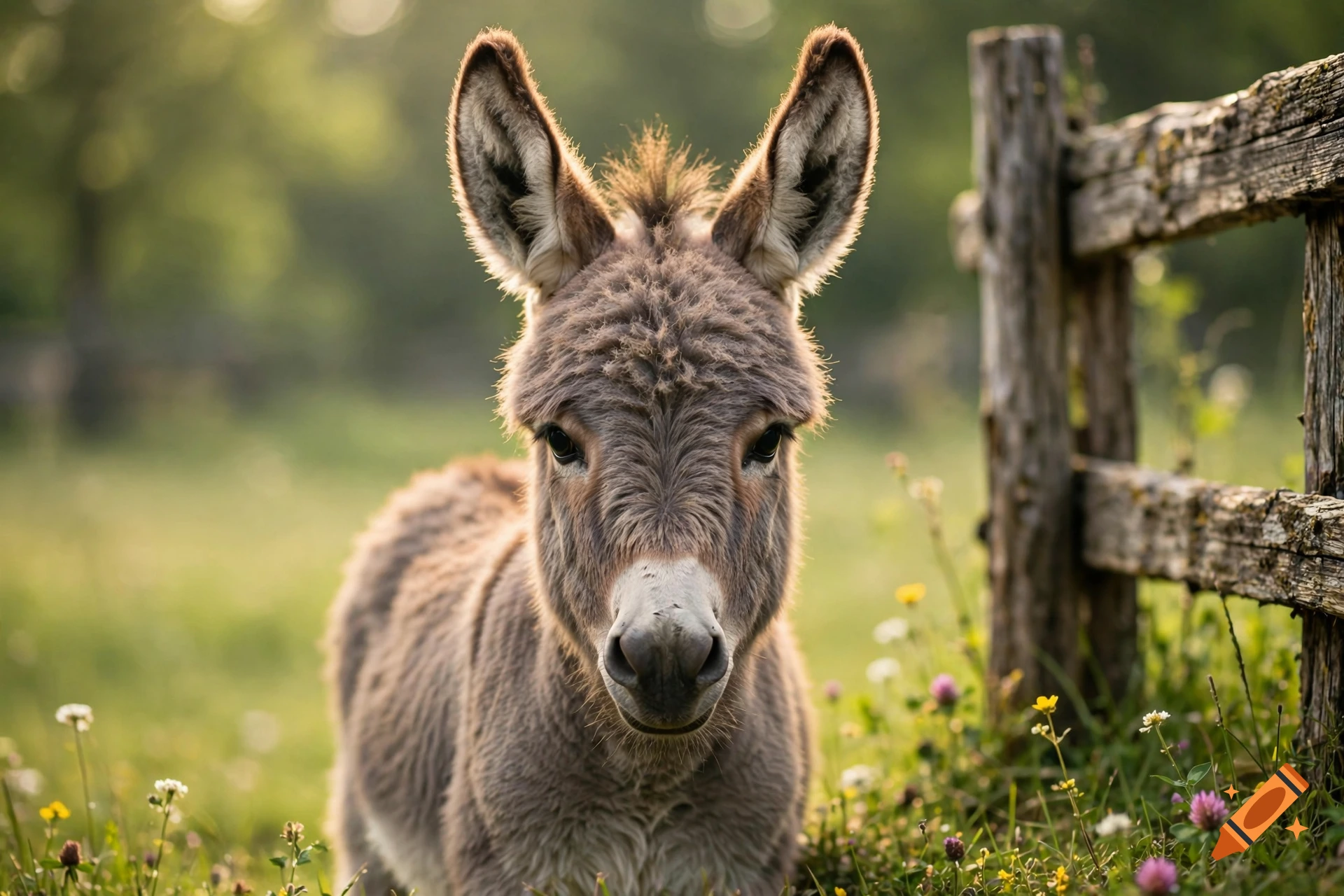 Photorealistic close-up of a young donkey standing in a grassy meadow next to a rustic wooden fence.