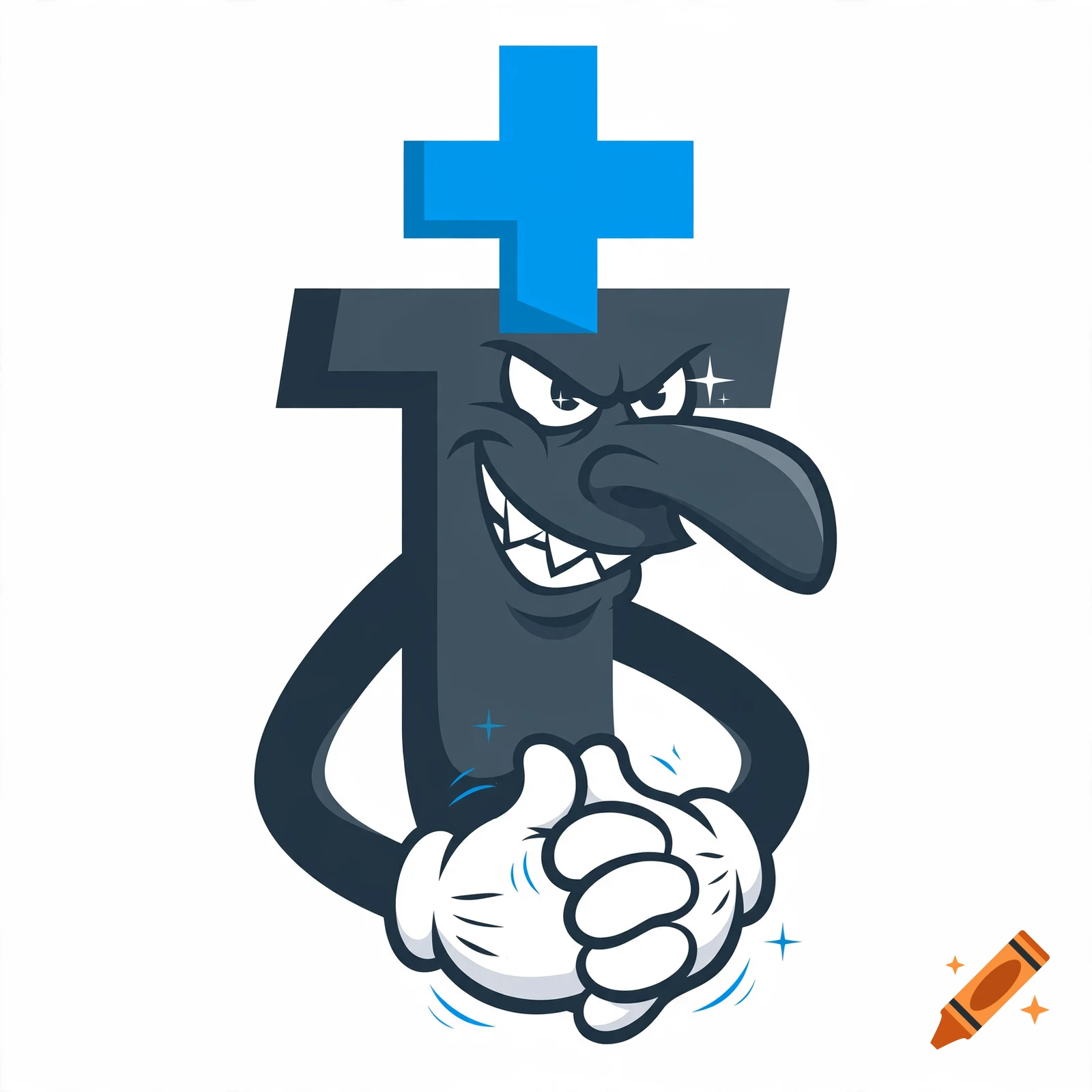 An evil cartoon letter t mascot with a blue cross on top, rubbing its hands together in a 2D vector logo style.