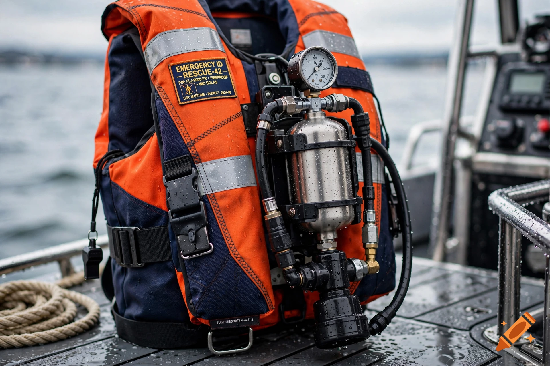 Photorealistic close-up of an orange and blue fireproof life jacket with an attached oxygen tank and pressure gauge, resting on a boat deck.