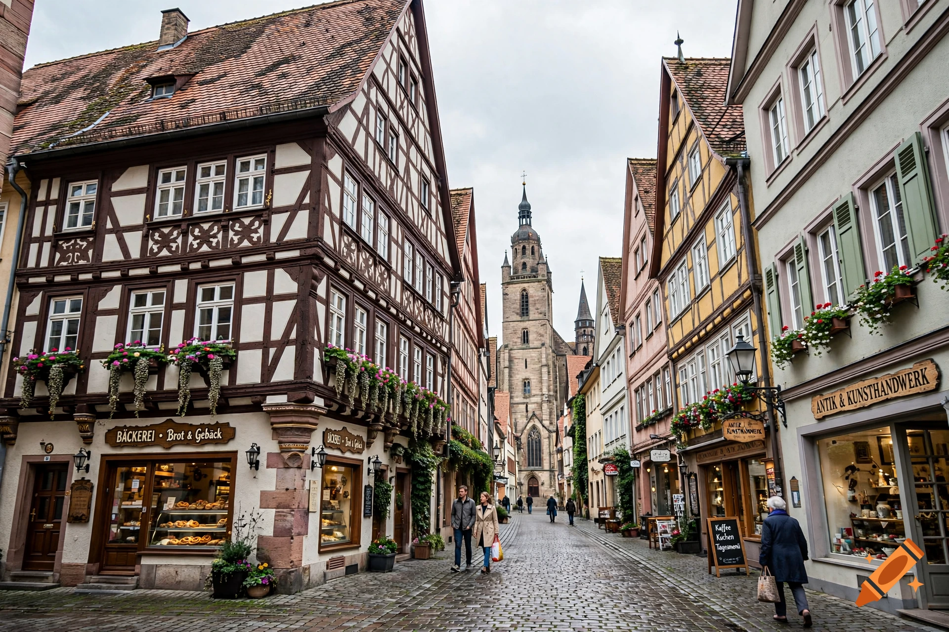 Photorealistic view of a European medieval cobblestone street lined with half-timbered buildings and a tall church tower in the background.