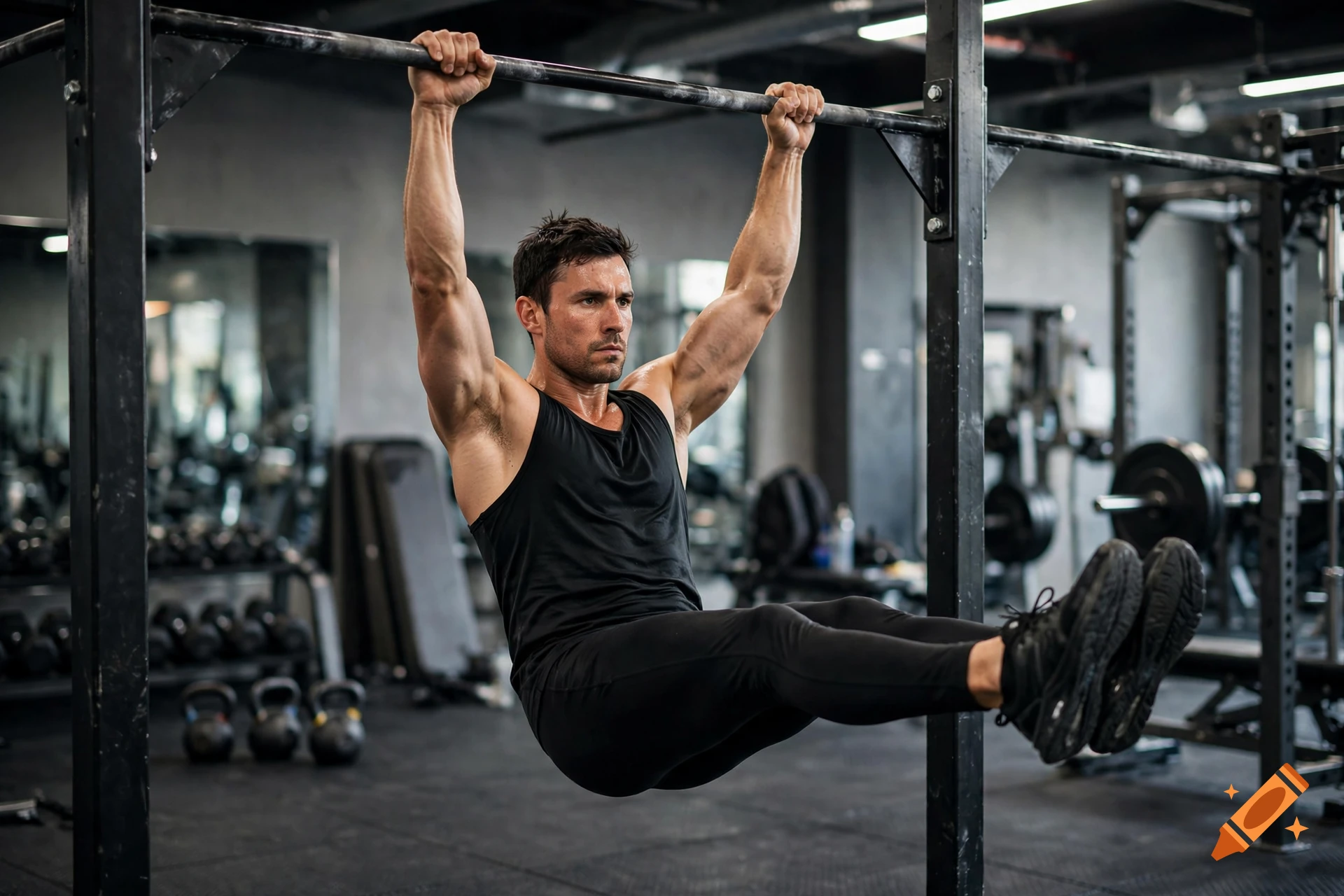 photorealistic image of a muscular man performing hanging leg raises on a pull-up bar inside a modern gym