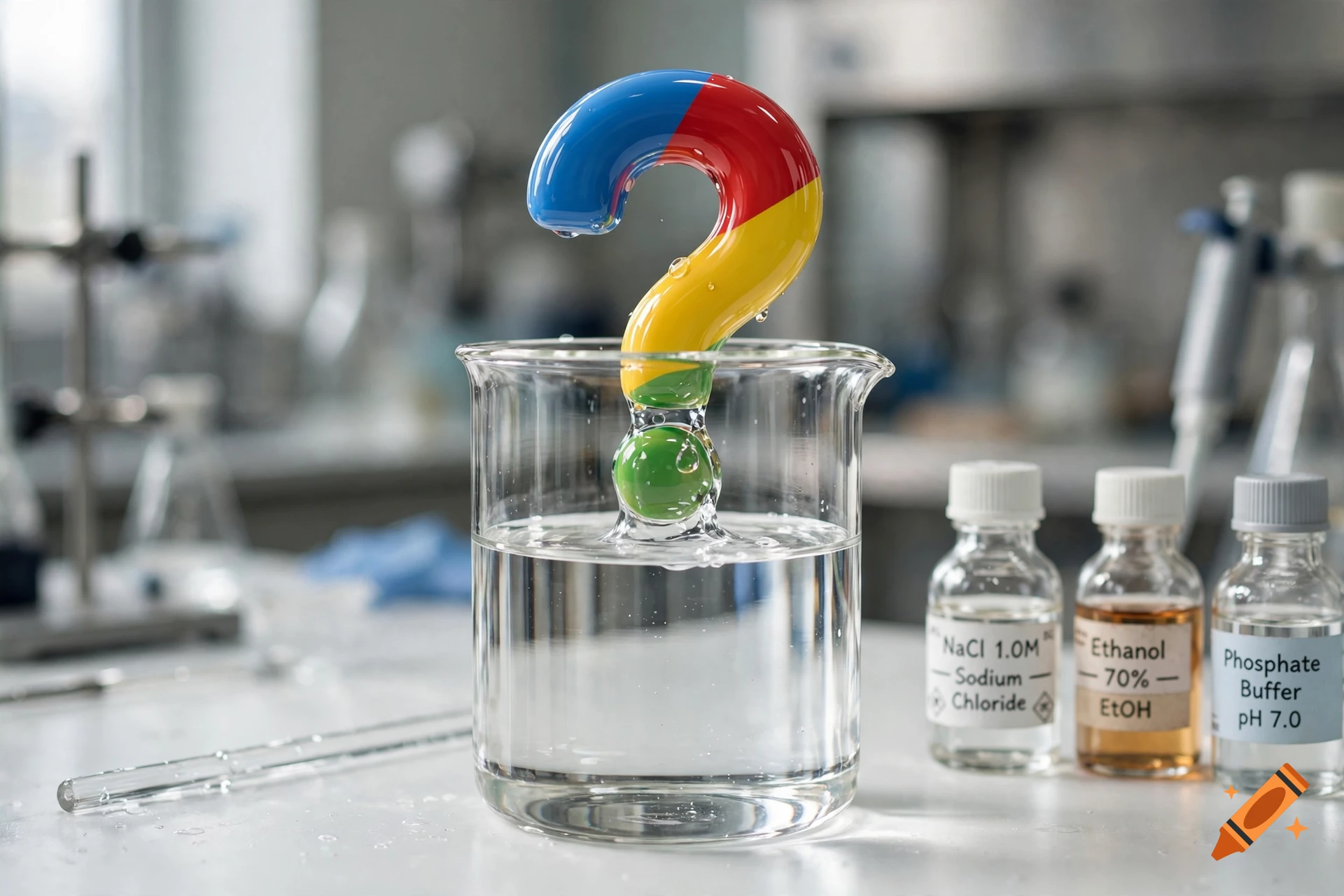 Photorealistic image of a beaker with a colorful three-dimensional question mark above a clear liquid.