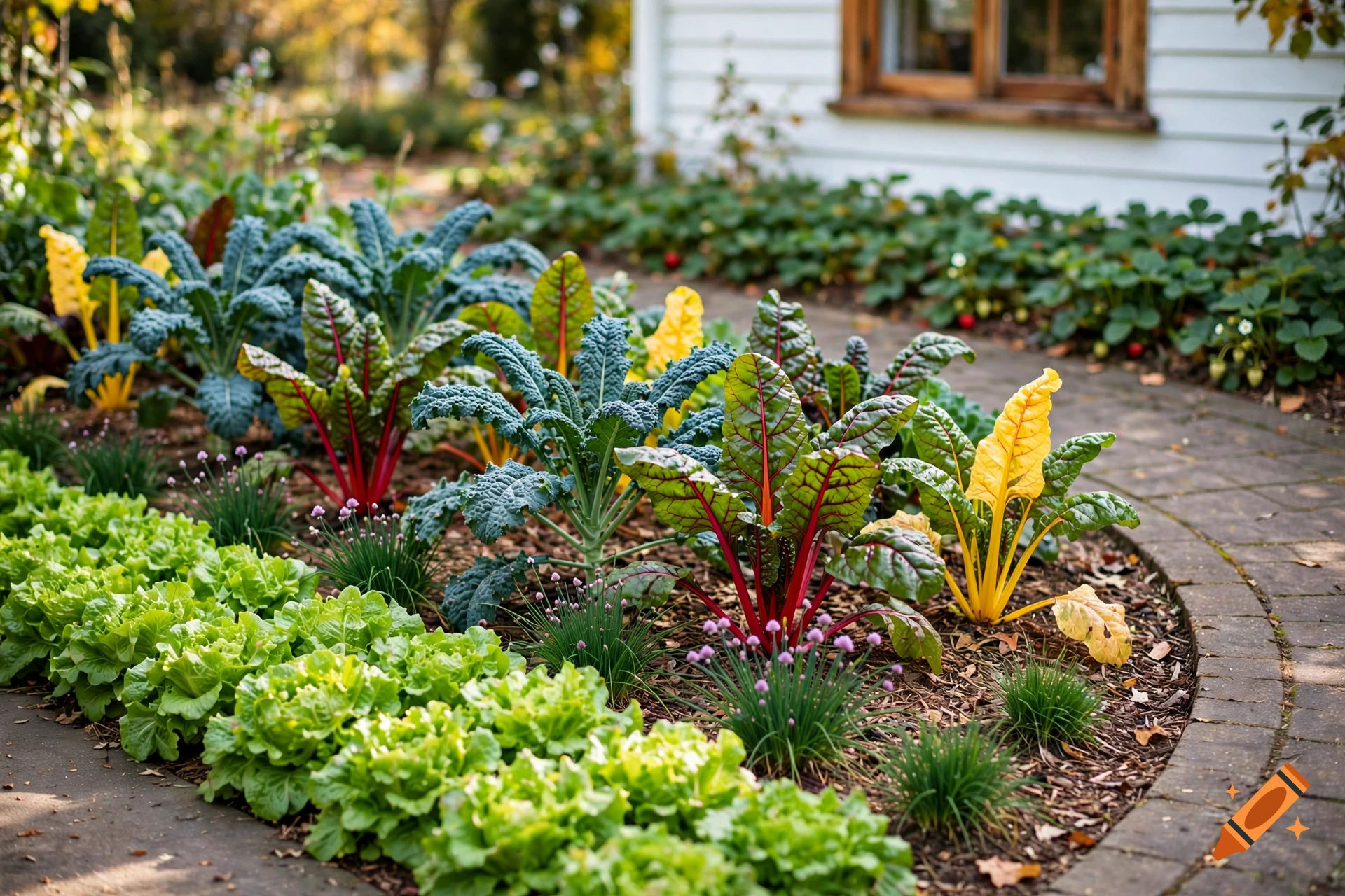 Photorealistic permaculture garden path with green lettuce, kale, and colorful chard along a brick border.