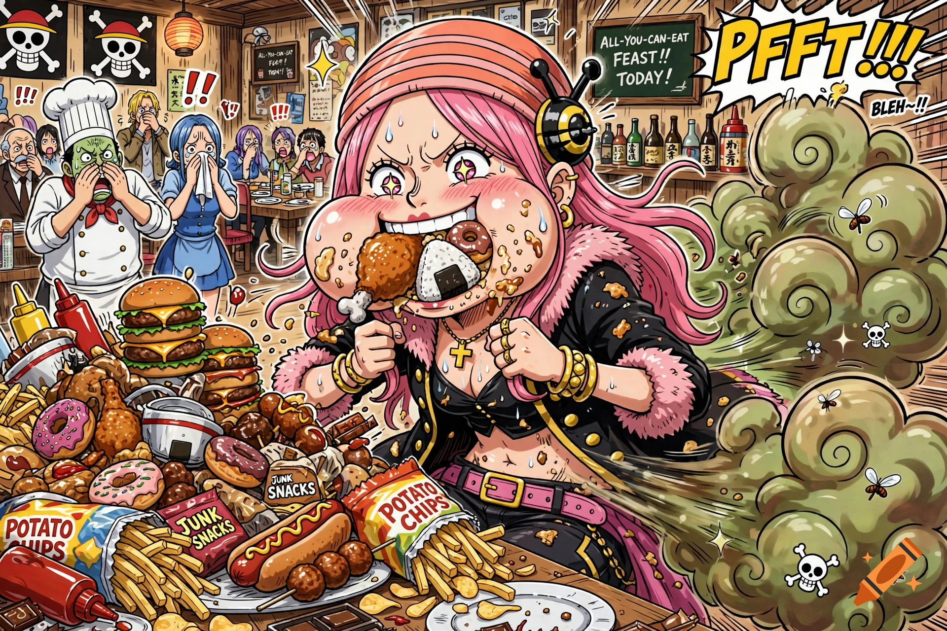 Anime style illustration of Jewelry Bonney from One Piece eating massive amounts of fast food while passing a large green cloud.