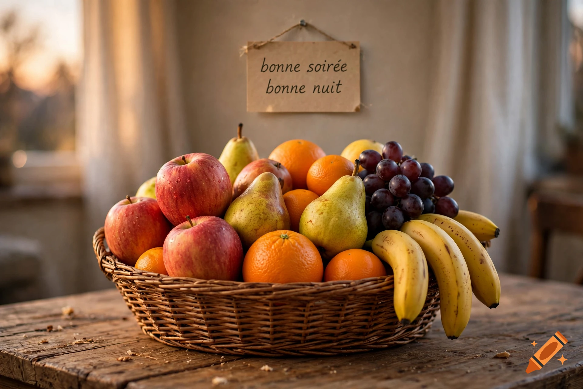 Photorealistic still life of a woven basket filled with assorted fresh fruits including apples, pears, oranges, bananas, and grapes on a rustic wooden table.