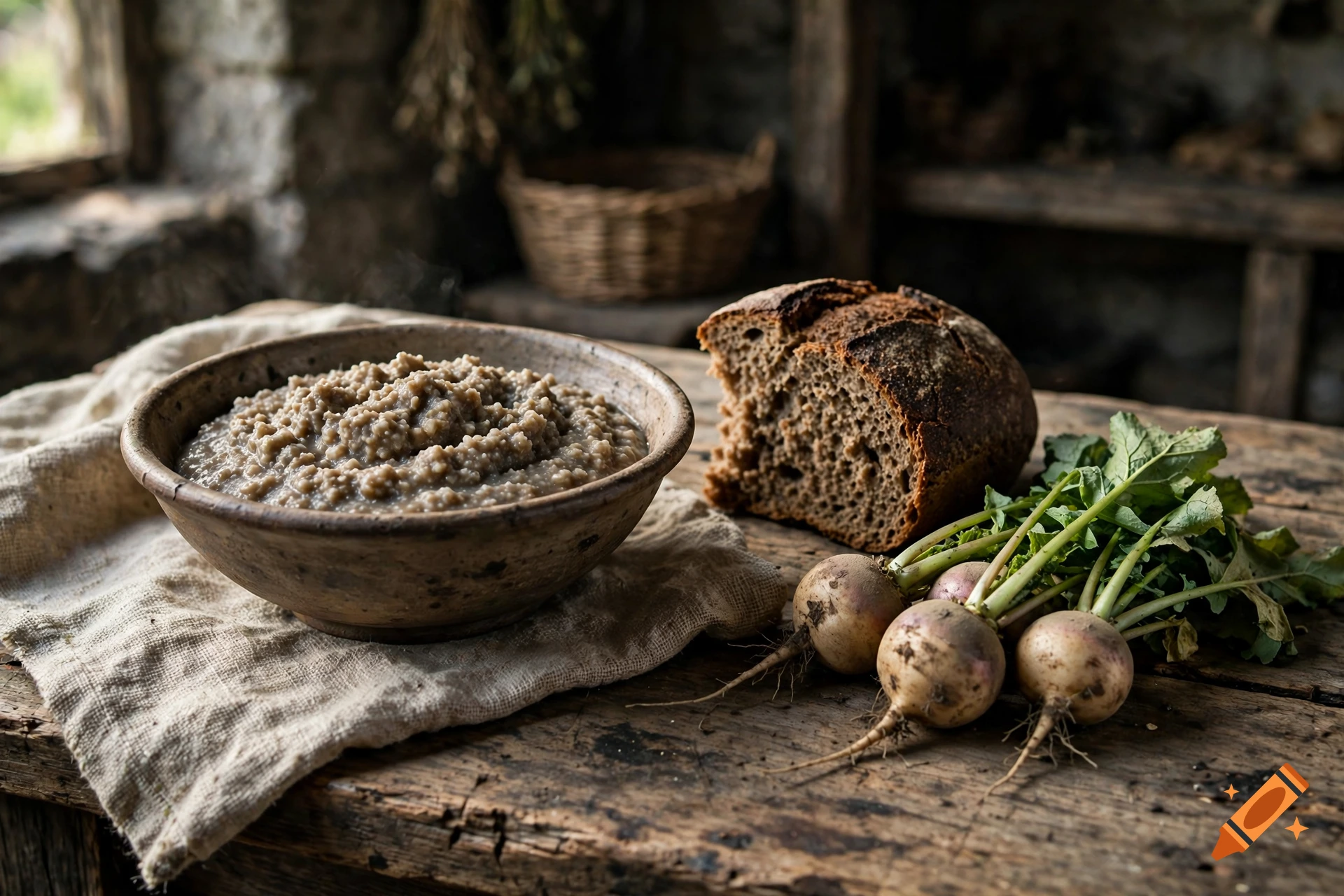 Photorealistic still life of a bowl of gray porridge, a loaf of dark rye bread, and turnips on a rustic wooden table.