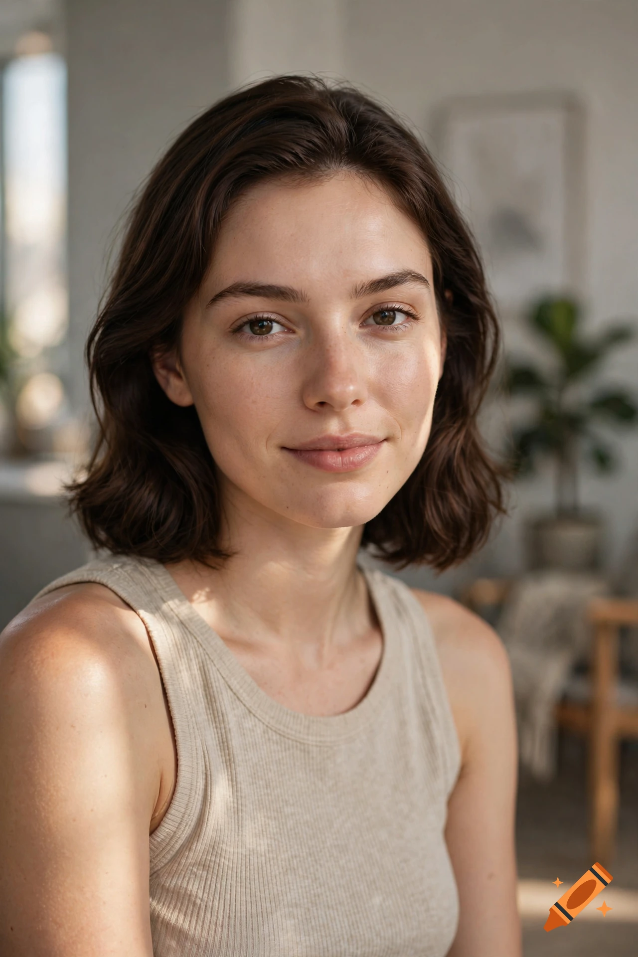 A close-up portrait of a young woman with shoulder-length brown hair and a gentle smile, wearing a cream-colored tank top.