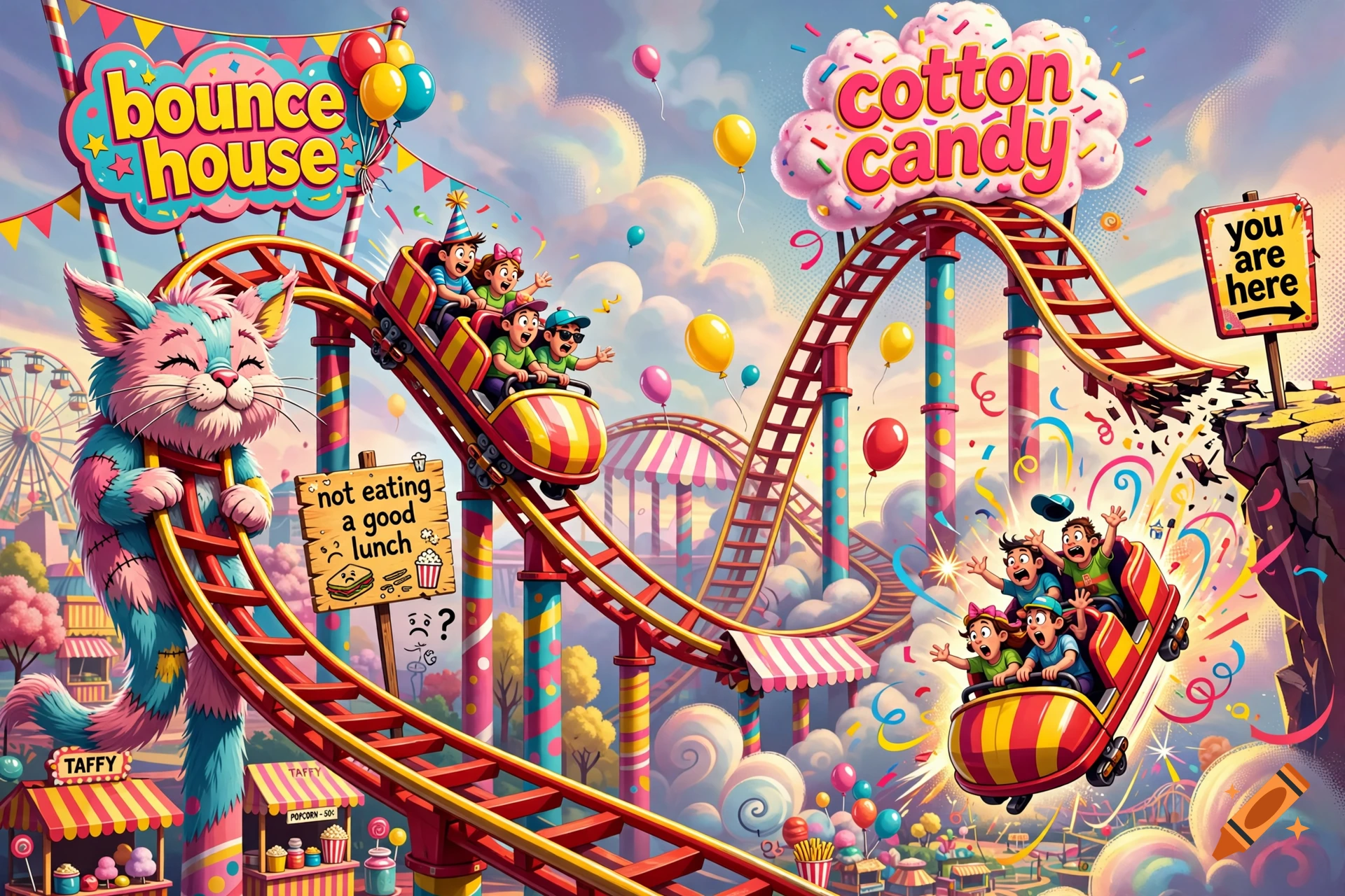 Colorful cartoon illustration of a rollercoaster ride with a giant cat and cars filled with cheering children.