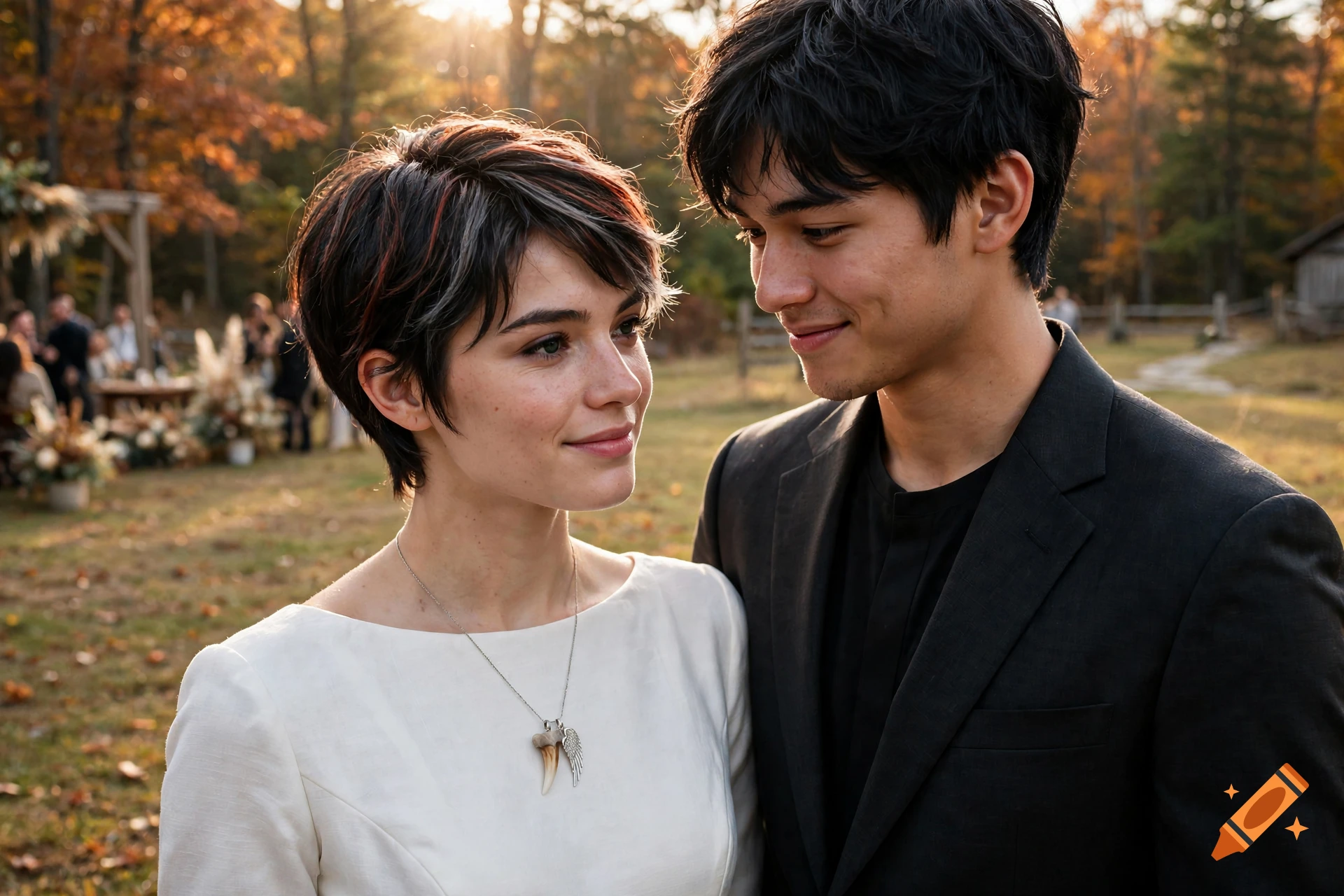 Photorealistic close-up of a young couple smiling lovingly at each other during an outdoor wedding ceremony in an autumn forest.