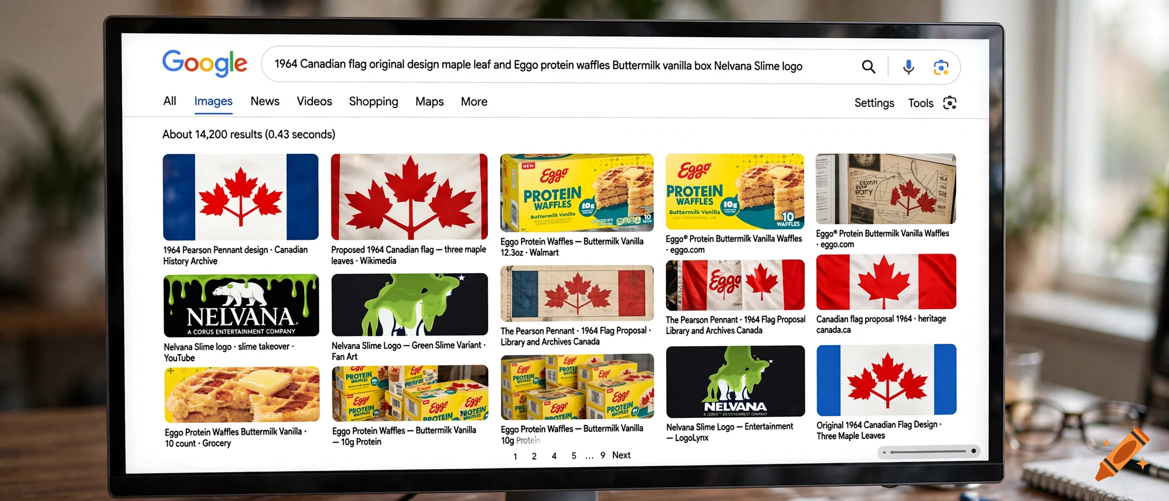 A computer monitor displaying a Google image search results page for Canadian flag designs and Eggo waffles.