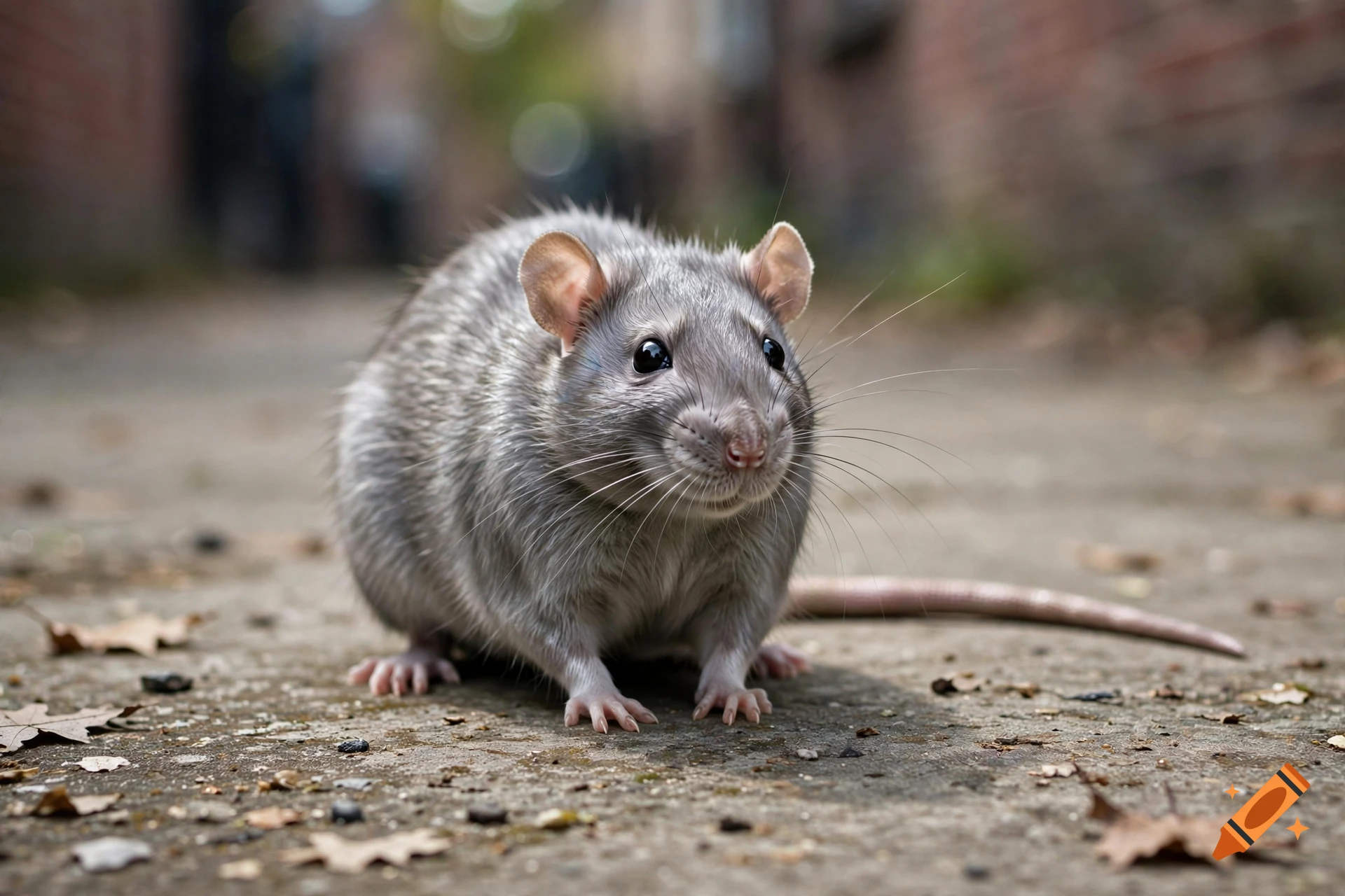 Close-up photorealistic image of a silver-colored rat on concrete ground in an alleyway.