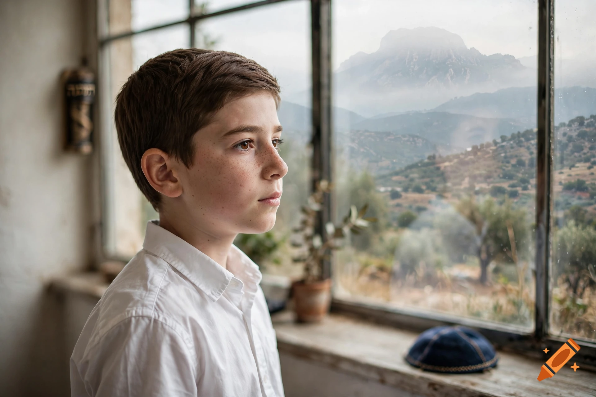 Photorealistic portrait of a young Jewish boy with short hair and freckles wearing a white shirt, looking out a window at a mountain.