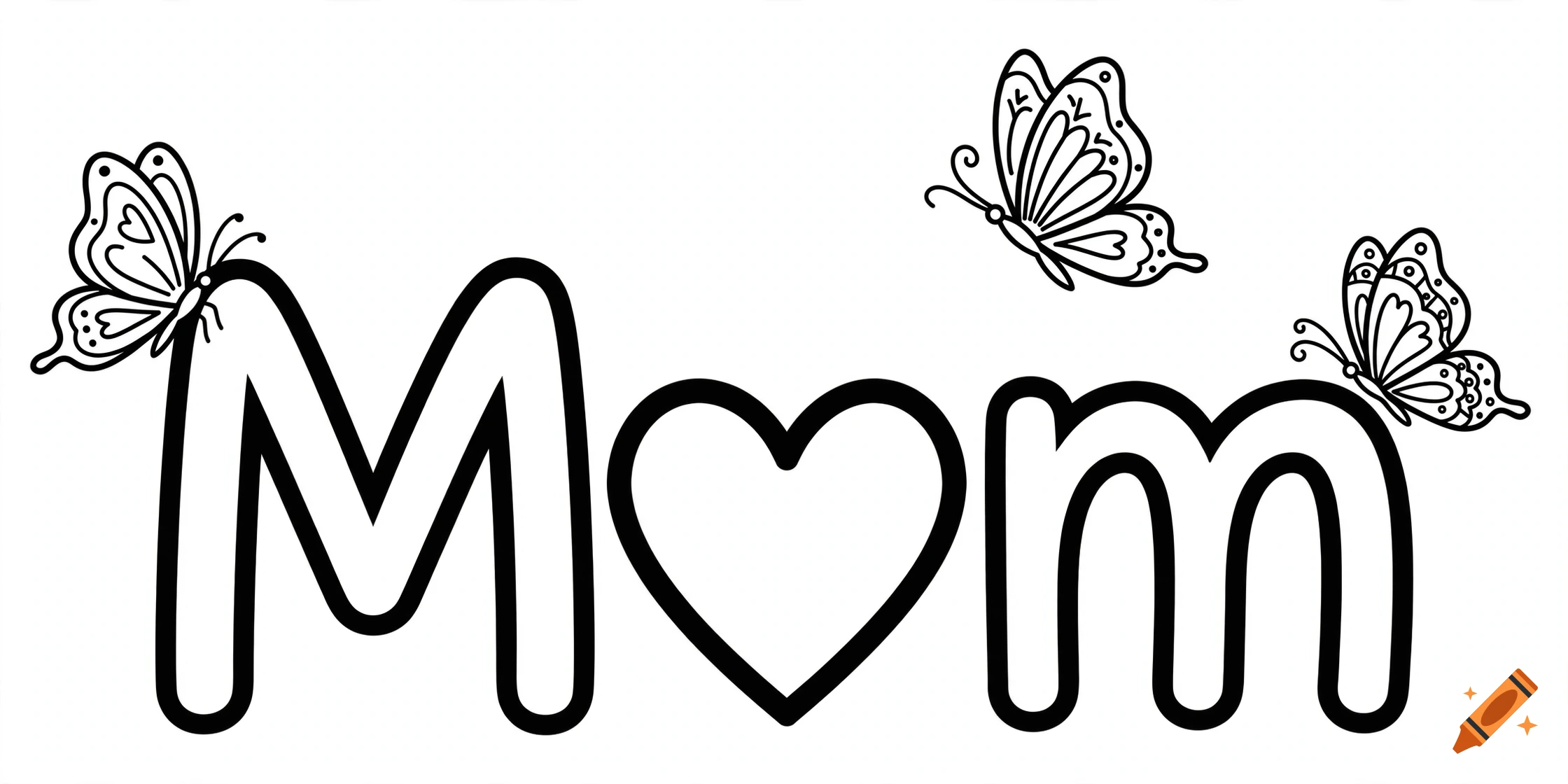Black and white line art spelling the word 'Mom', with the 'o' shaped as a heart and butterflies perched on the letters.