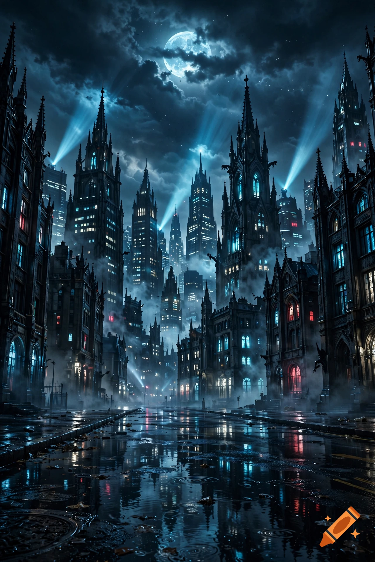 Gothic city skyline at night with towering cathedral-like skyscrapers, a full moon, and wet streets reflecting blue light.